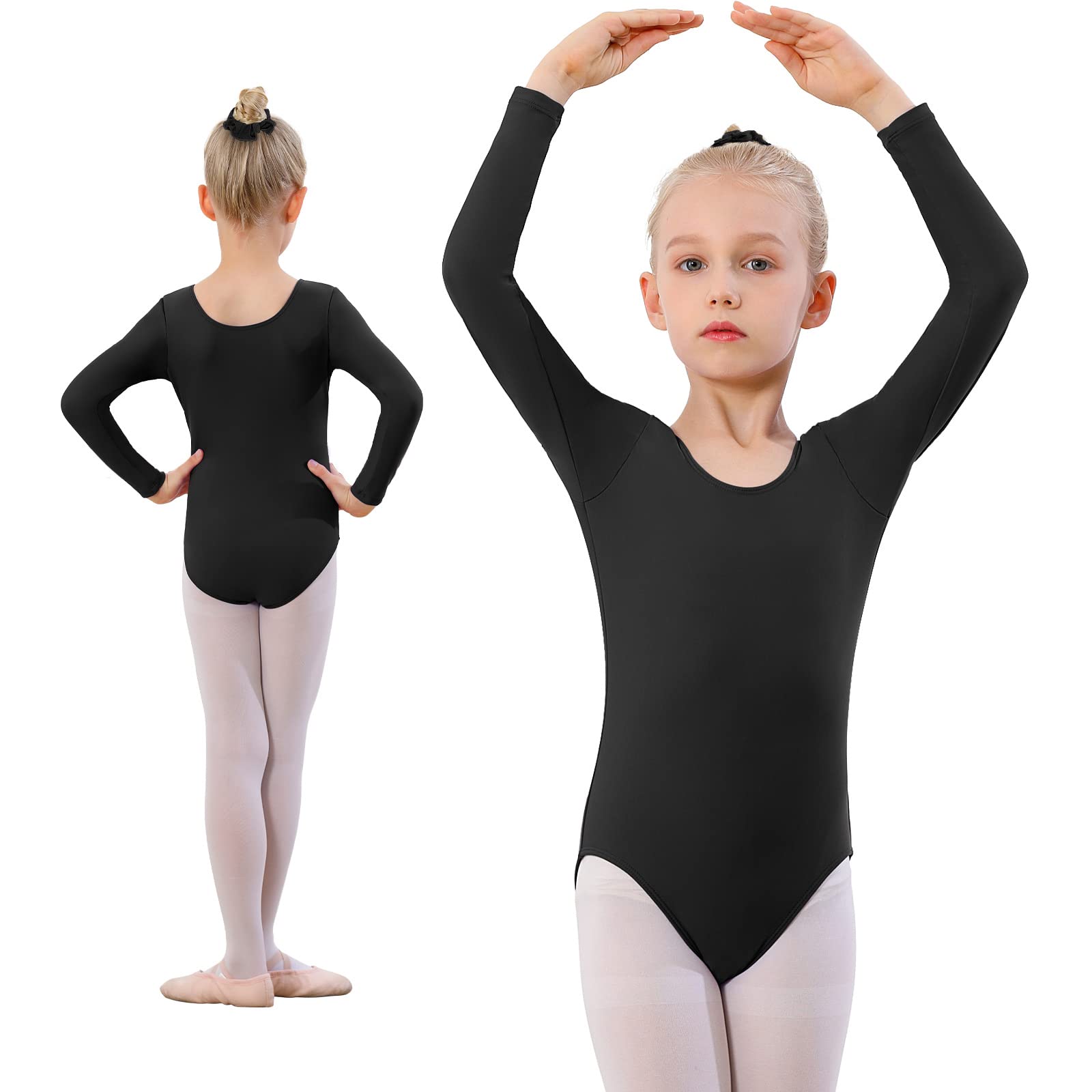 Javly Classic Long Sleeve Gymnastics Leotard for Girls 3-12 Years | Ballet Dance Leotard with Satin Hair Tie | Perfect for Ballet Class, Recitals & Dance Practice