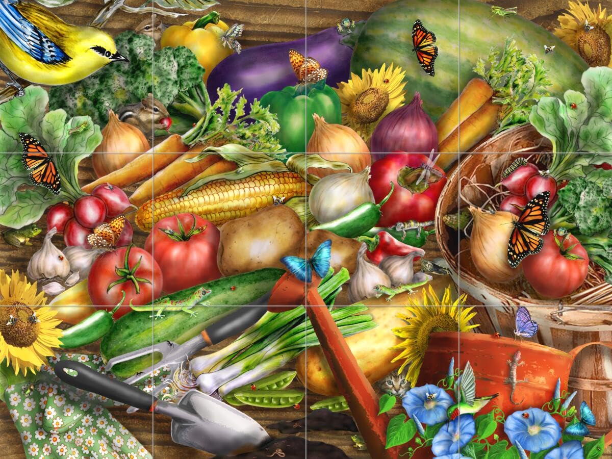 Farmers Market Ceramic Backsplash Tile Mural - Fruit & Vegetable Design for Kitchen & Bathroom Decor - Perfect for Farmhouse, Cottage, or Rustic Style Homes