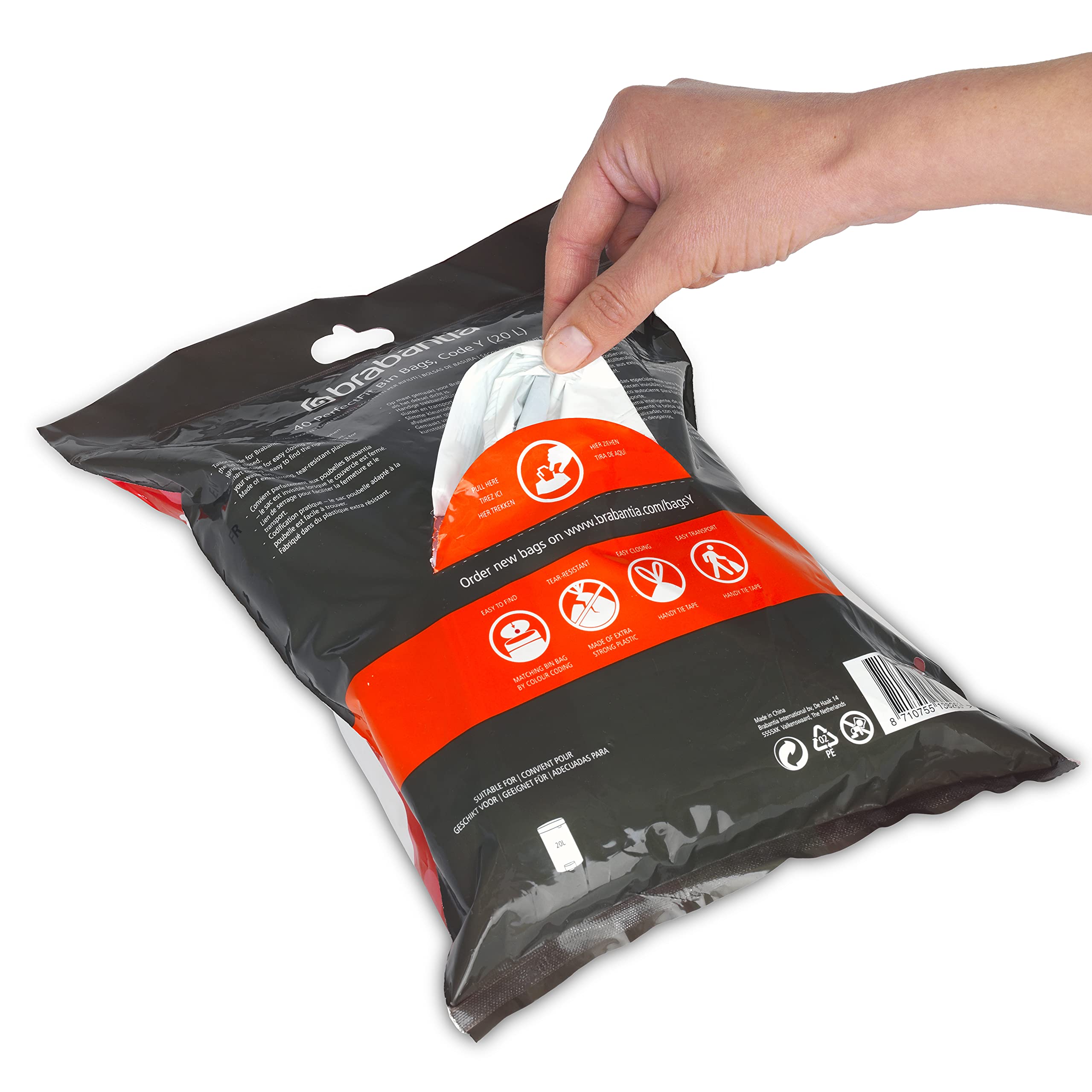 Brabantia PerfectFit Trash Bags - 40 Count, 5.3 Gallon (Size Y) Heavy Duty Drawstring Garbage Bags for Kitchen, Bathroom & Office Waste Bins - Leakproof & Tear-Resistant Trash Can Liners