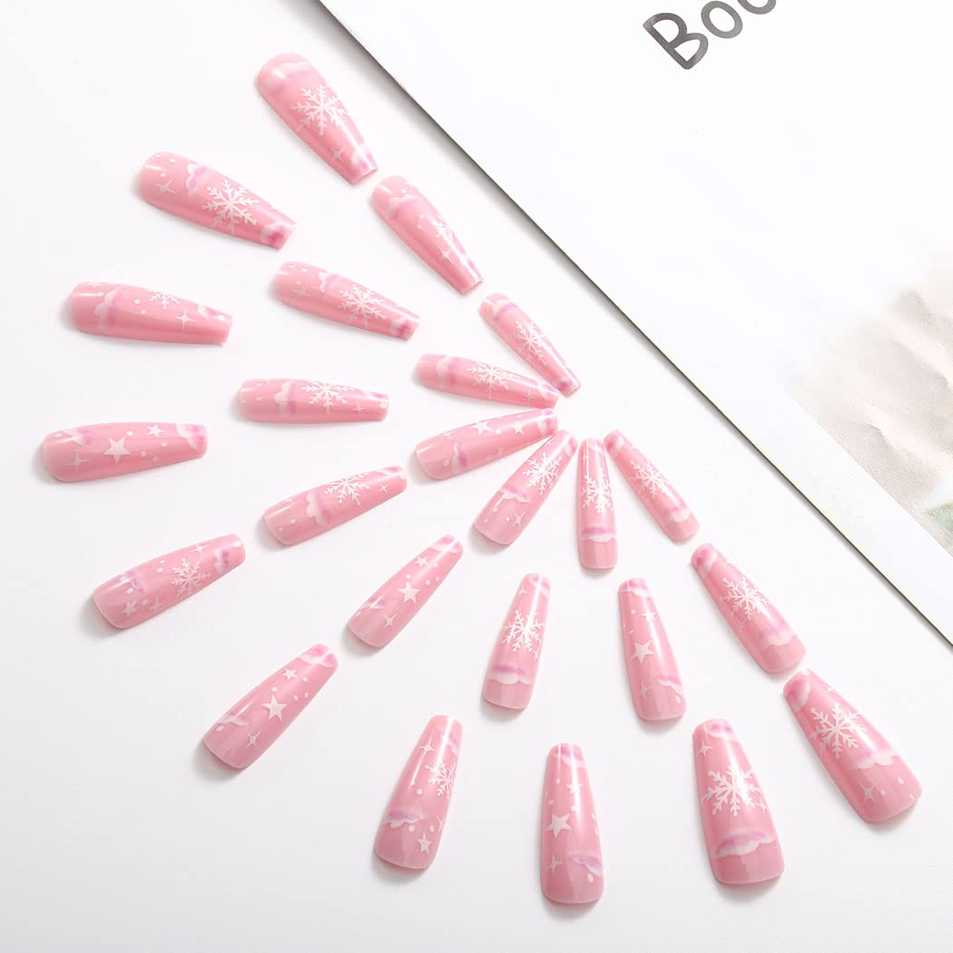 Christmas Snowflake Press-On Nails - Glossy Pink Coffin Fake Nails Long Cute Ballerina Style, Full Cover Artificial False Nails Tips for Women & Girls (24Pcs, Style B) - Perfect for Holiday Parties, Gift Giving & Special Occasions