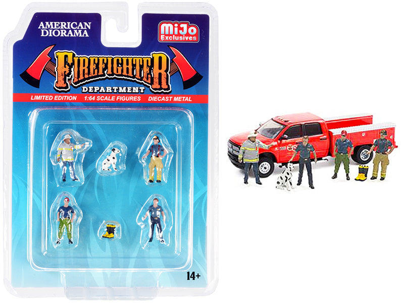1/64 Scale Firefighter II Diecast Set - 6 Piece Collection (4 Figurines, 1 Dog & 1 Accessory) by American Diorama | Perfect for Model Train Scenes, Diorama Displays & Toy Collectors