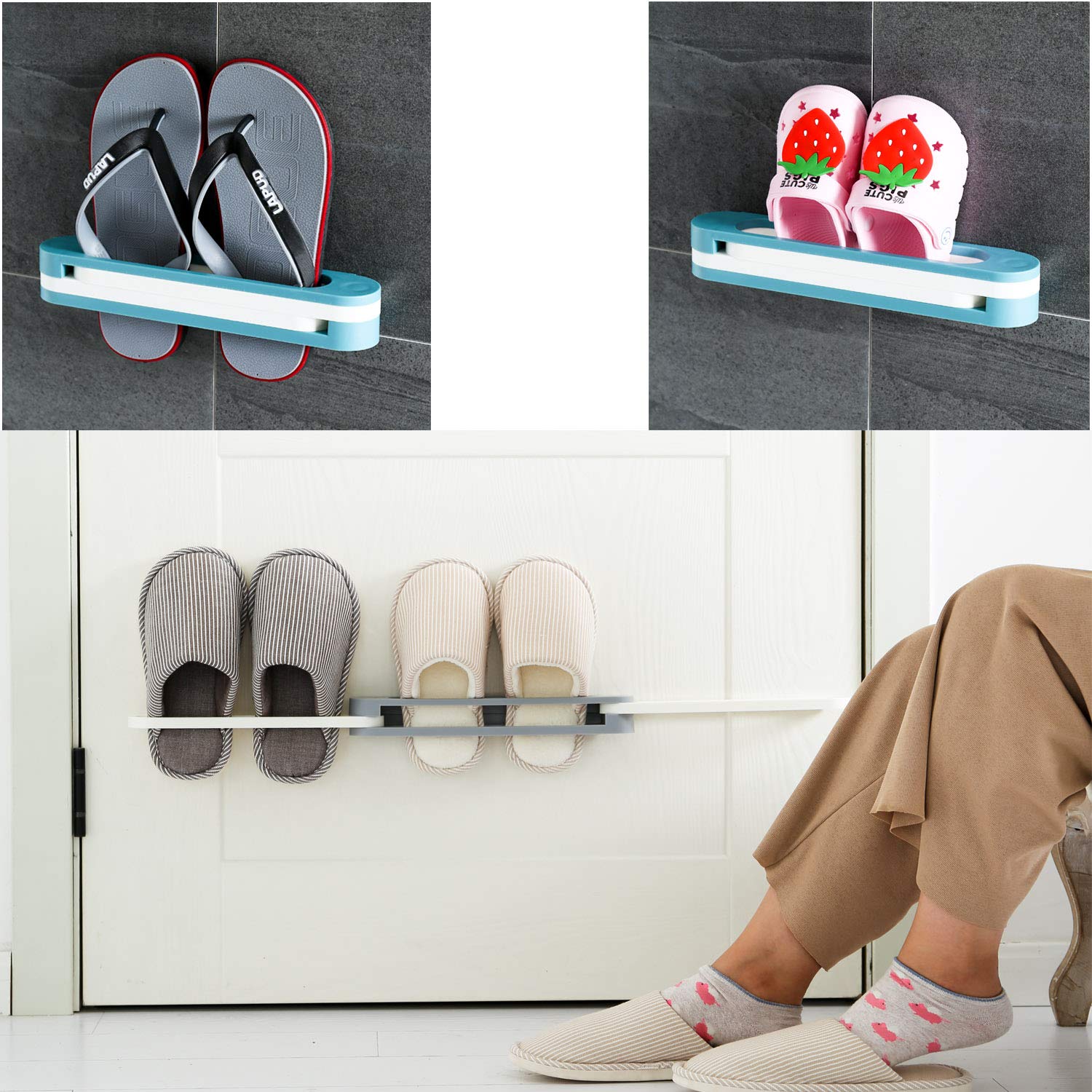 **M MOACC 3-in-1 Folding Hanging Shoe Organizer & Bathroom Towel Rack - Wall Mounted Space-Saving Storage for Shoes, Towels & Accessories (Blue) - Perfect for Closet, Bathroom & Entryway Organization**