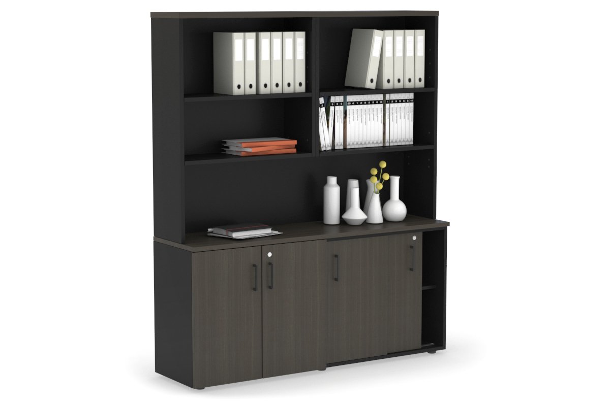 Modern 2-Door Sliding Credenza & Small Cupboard Unit with Open Hutch - Stylish Storage Solution for Home Office, Living Room, or Bedroom Organization