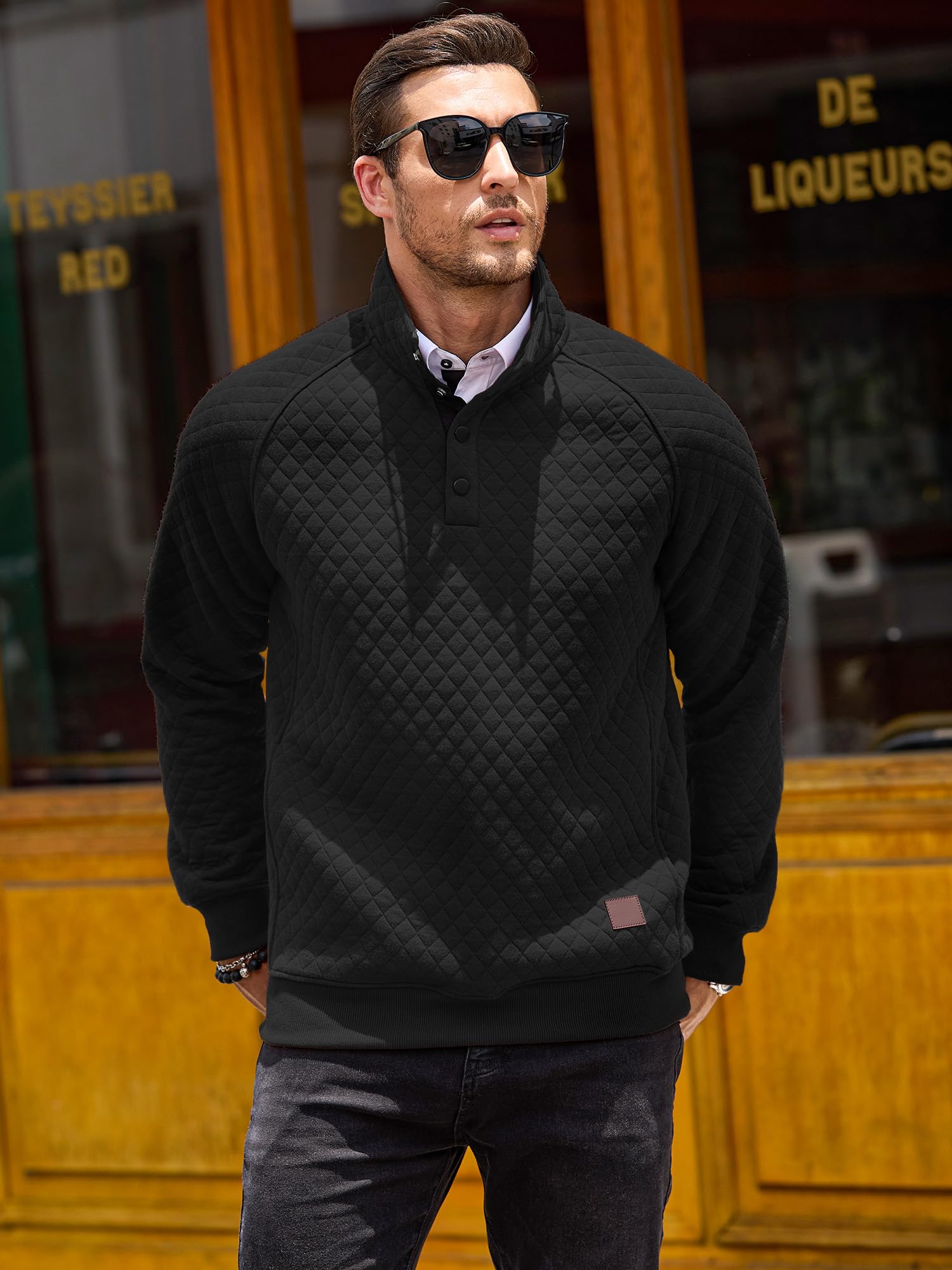Comdecevis Men's Quilted Pullover Sweatshirt - Long Sleeve Mock Neck Waffle Knit Polo Shirt with Pockets | Casual Winter Wear for Outdoor Activities & Daily Comfort