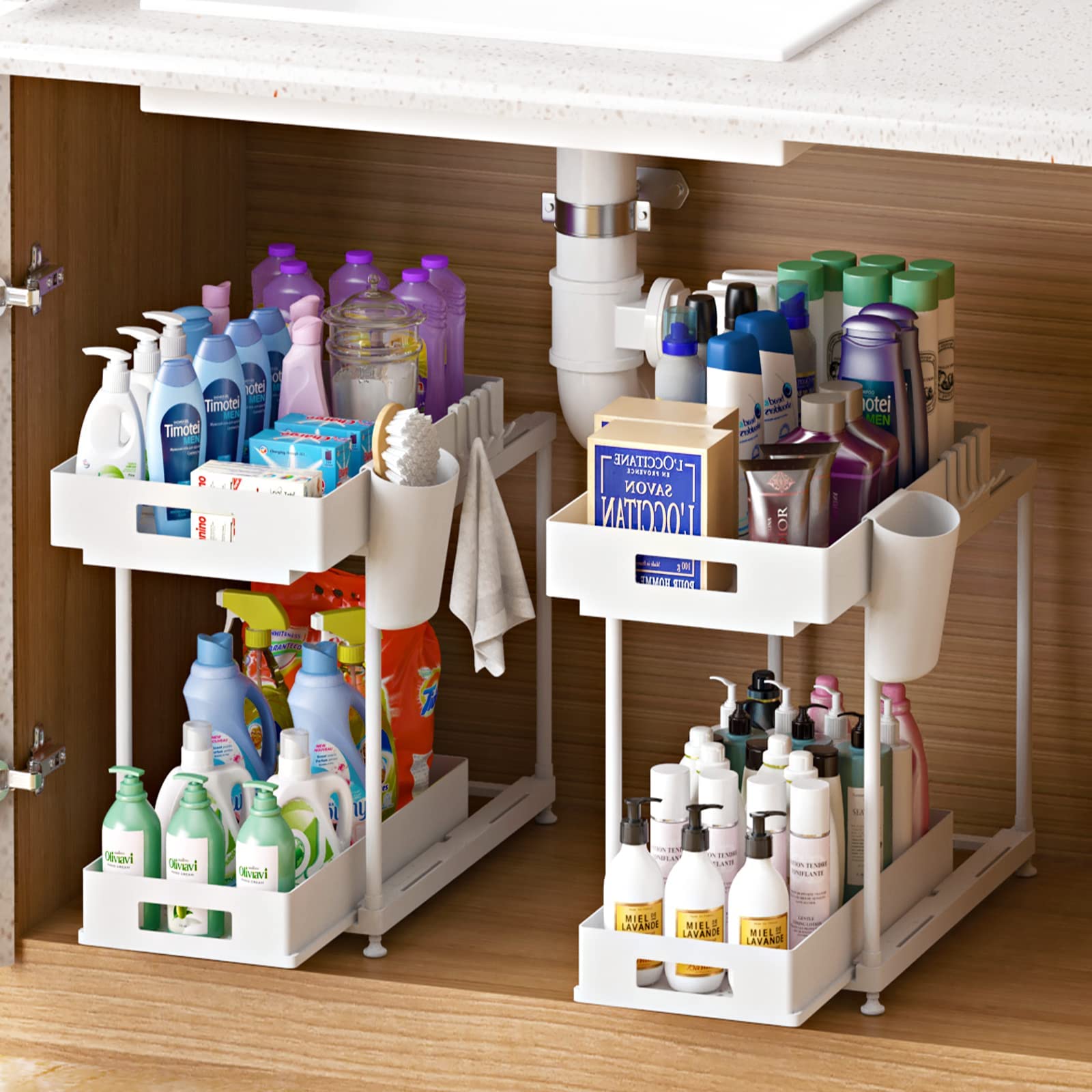 2-Tier Double Sliding Under Sink Organizer with Cup & Hooks - Space Saving Bathroom & Kitchen Cabinet Storage Rack for Home Organization - Perfect for Small Spaces, Apartments & Cluttered Cabinets