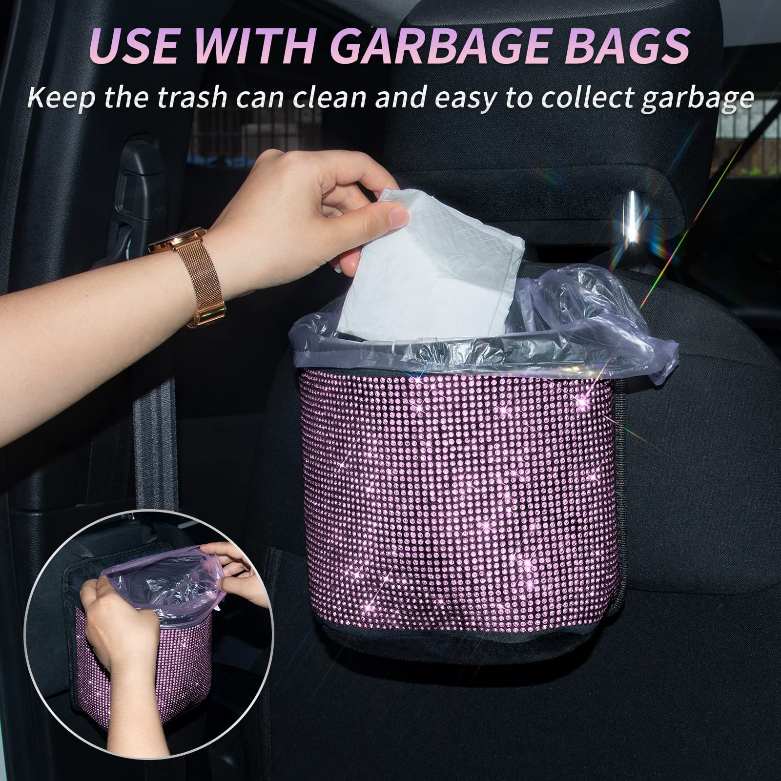 Premium Bling Crystal Car Seat Organizer - Front & Back Seat Travel Caddy Bag with Garbage Pocket Bin | Diamond Car Accessory (1-Pack, Pink) | Perfect for Road Trips, Commuting & Family Travel