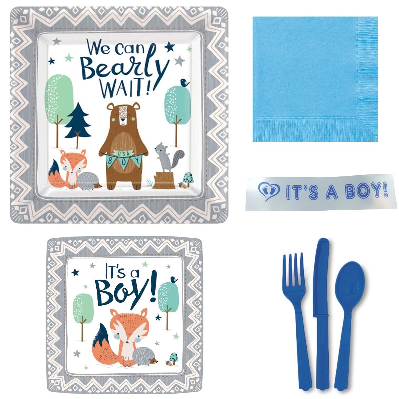Adorable Bear Baby Shower Party Supplies Set - 50-Piece Bundle with Plates, Napkins, Cutlery & Bonus Printed Ribbon - Perfect for Gender Reveal, First Birthday & Nursery Decorations