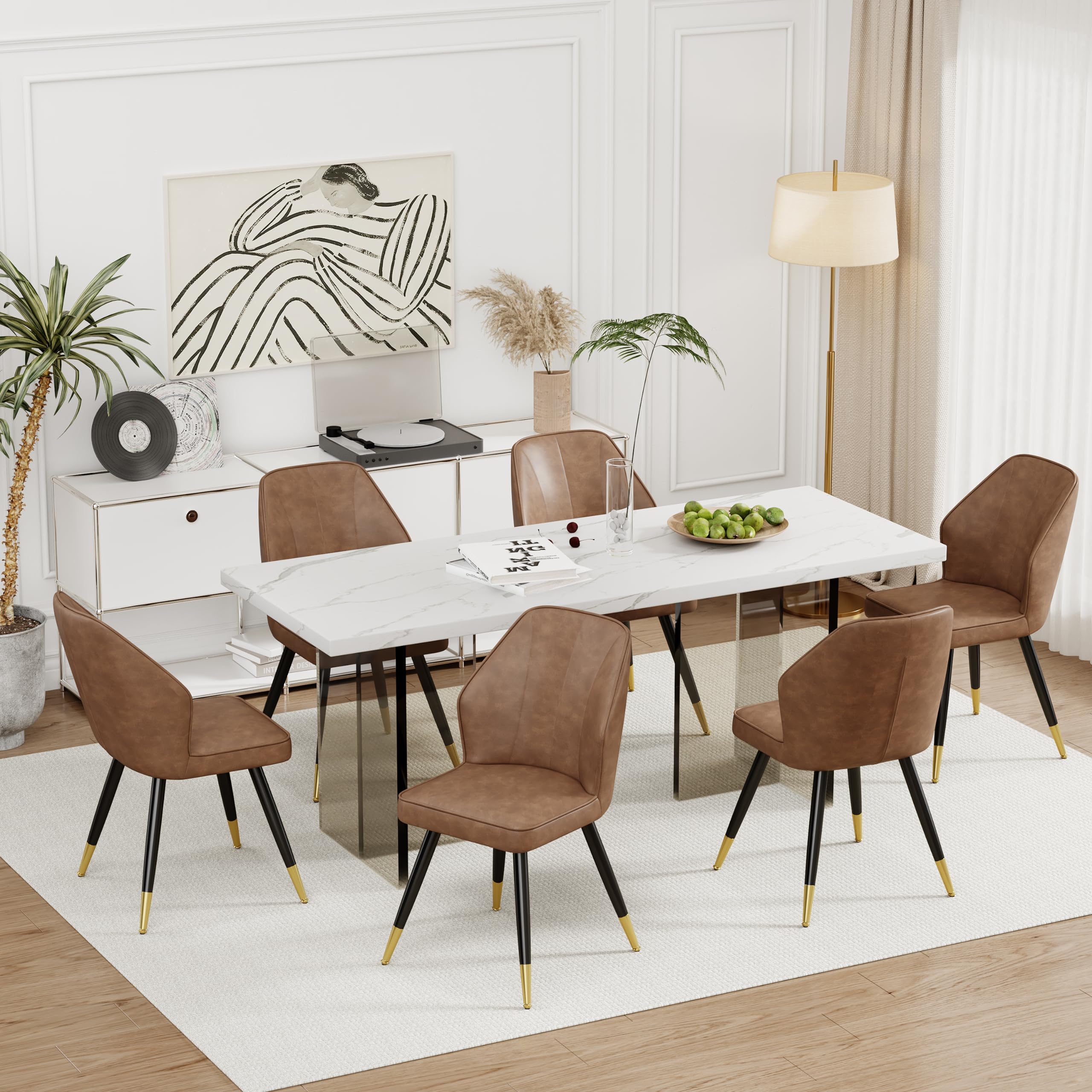 Andeworld Set of 2 Mid Century Modern Upholstered Dining Chairs - Faux Leather Armless Side Chairs with Golden Metal Legs for Dining Room, Living Room, Kitchen & Office - Brown Accent Chairs for Home Decor
