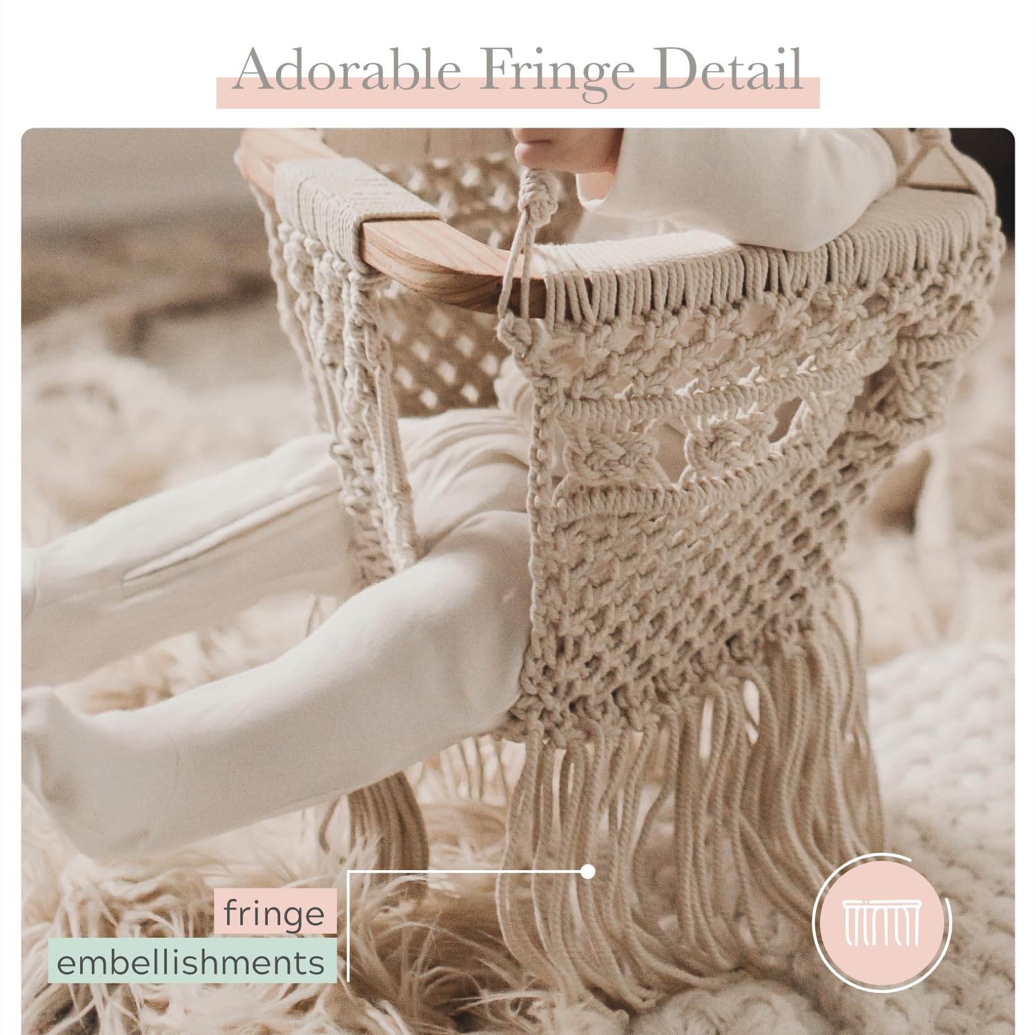 Finn + Emma Handmade Organic Cotton Macrame Baby Swing - Safe & Stylish Nursery Hanging Seat with Solid Wood Bar - Perfect for Newborns, Infants & Nursery Decor - Ideal for Playrooms, Bedrooms & Indoor Relaxation