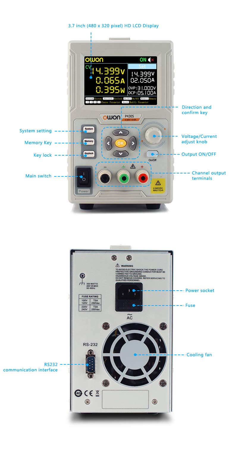 LILLIPUT OWON P4305 Single Channel 150W DC Power Supply 0-30V 0-5A with 1mV/1mA Precision - Perfect for Electronics Testing, Lab Experiments & DIY Projects