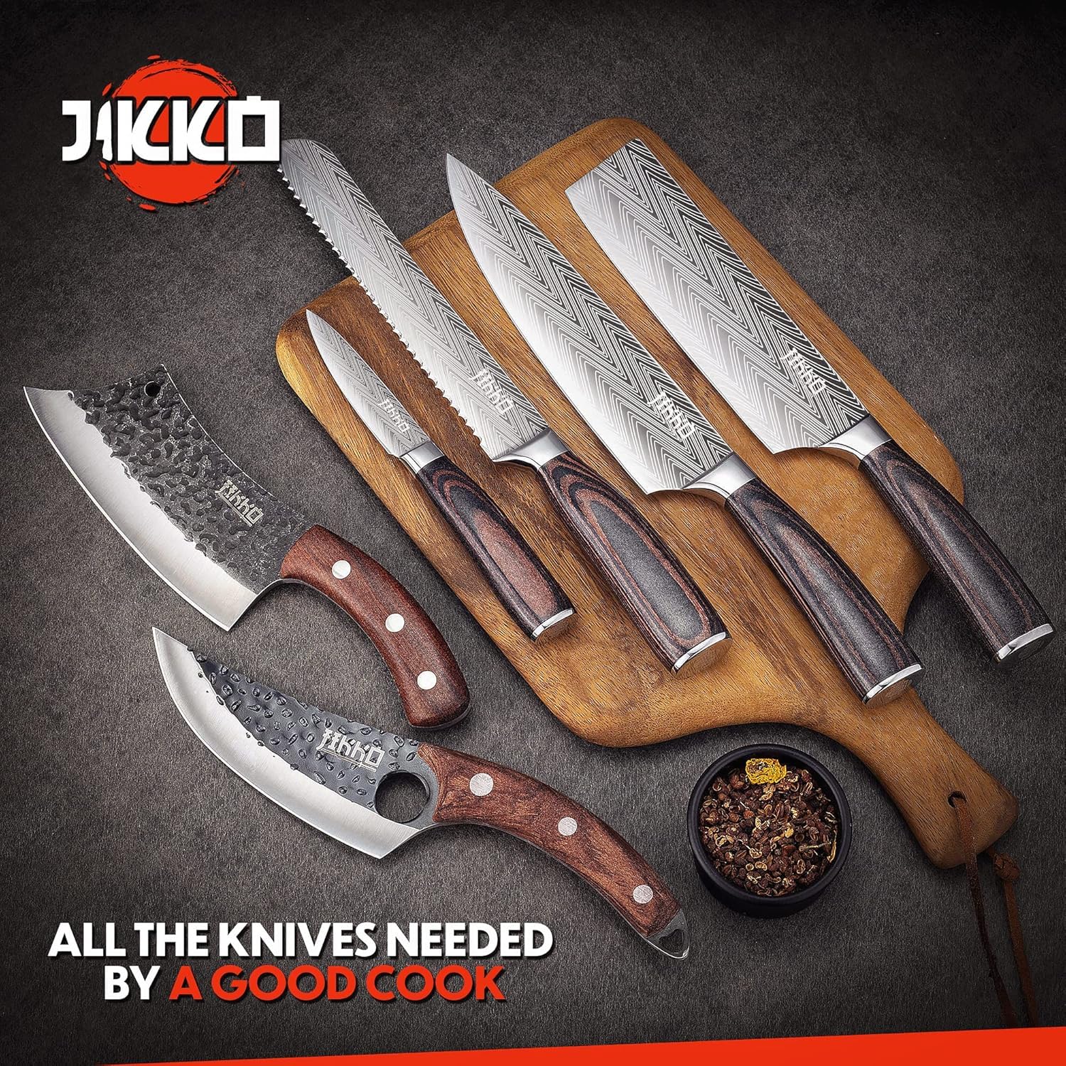 Jikko Premium Reinforced Carbon Steel Japanese Kitchen Knife Set – DiamondRazor Series – Ultra Sharp Chef Knives with Mahogany & Walnut Wood Handles – Professional Grade Cutlery for Sushi, Meat Cutting & Culinary Arts