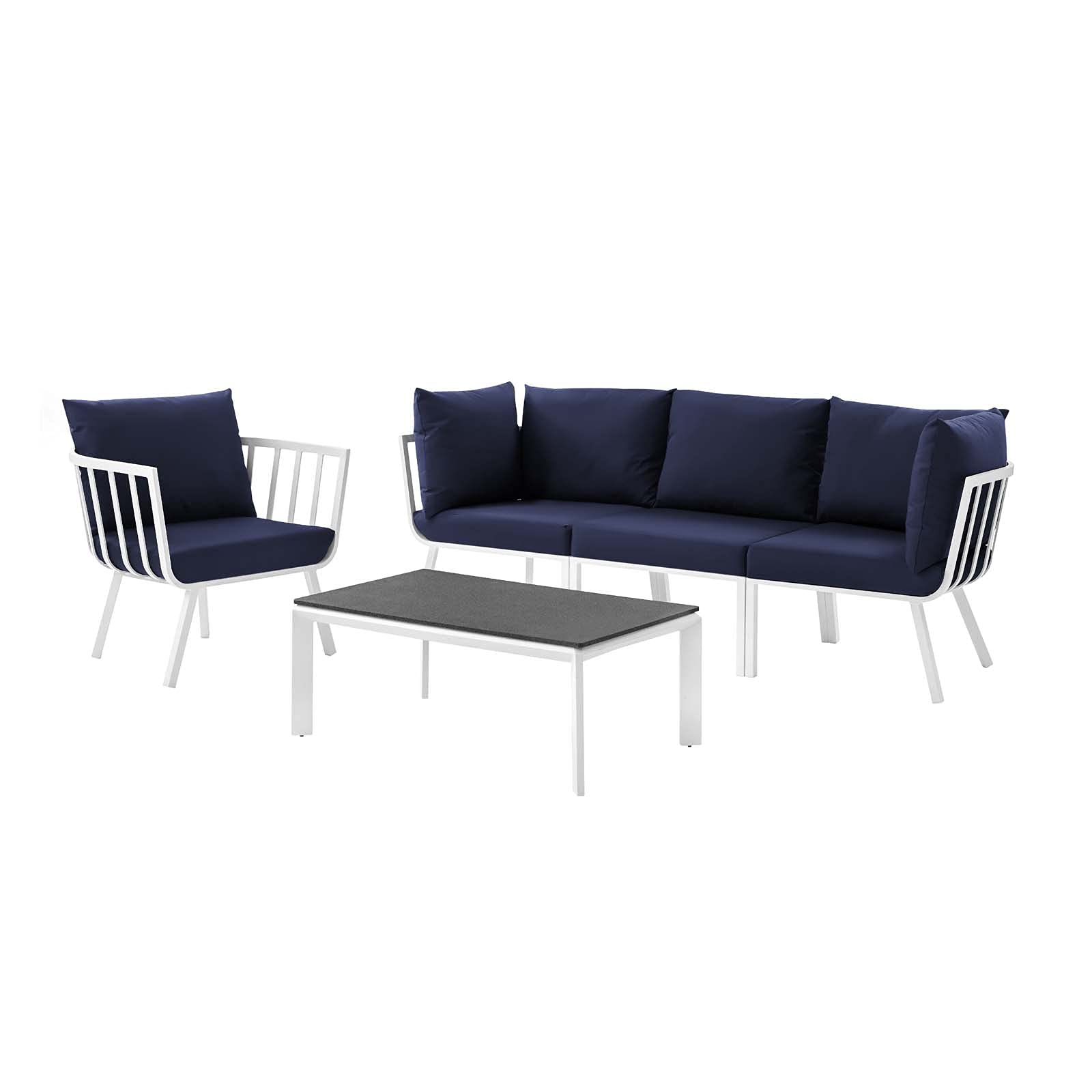 Modern White Blue Navy Aluminum Metal Lounge Sectional Sofa Chair Set for Outdoor Patio, Cafe, Bistro, and Garden Relaxation