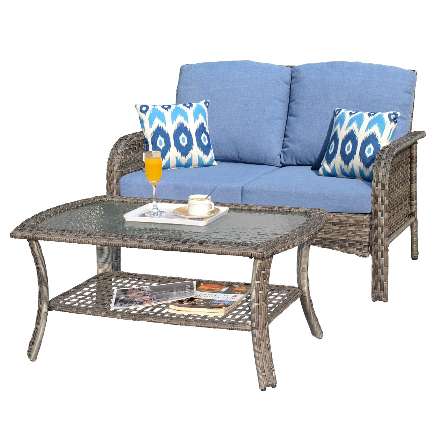 4-Piece High Back Patio Furniture Set - All-Weather PE Wicker Outdoor Conversation Set with Loveseat, 2 Chairs & Coffee Table (Gray Rattan with Denim Blue Cushions) - Perfect for Backyard, Garden, Poolside or Deck Relaxation