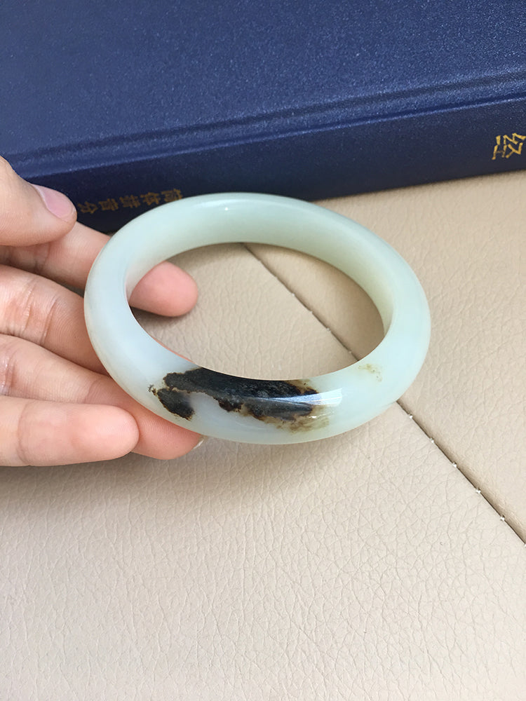 Natural Jade Bangle - Nephrite Jade Bracelet, 58.1mm Inner Diameter (NBE004) - Elegant Handmade Jewelry for Women, Perfect for Weddings, Gifts & Spiritual Healing