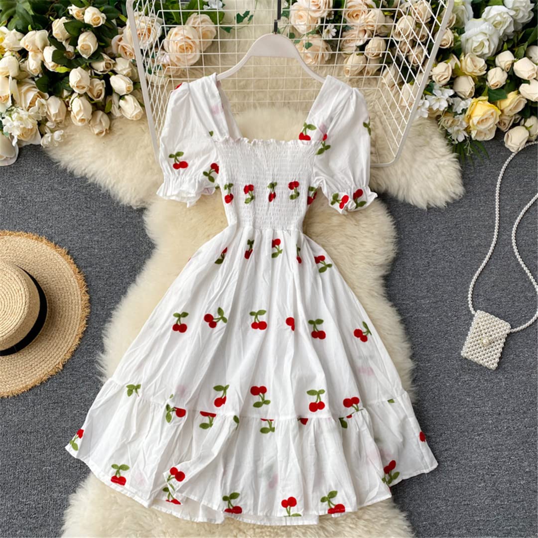 Vintage Strawberry Embroidered Puff Sleeve Dress for Women - Kawaii Cherry Print Square Neck Summer Dress (Perfect for Beach Vacations, Date Nights & Retro-Themed Parties)
