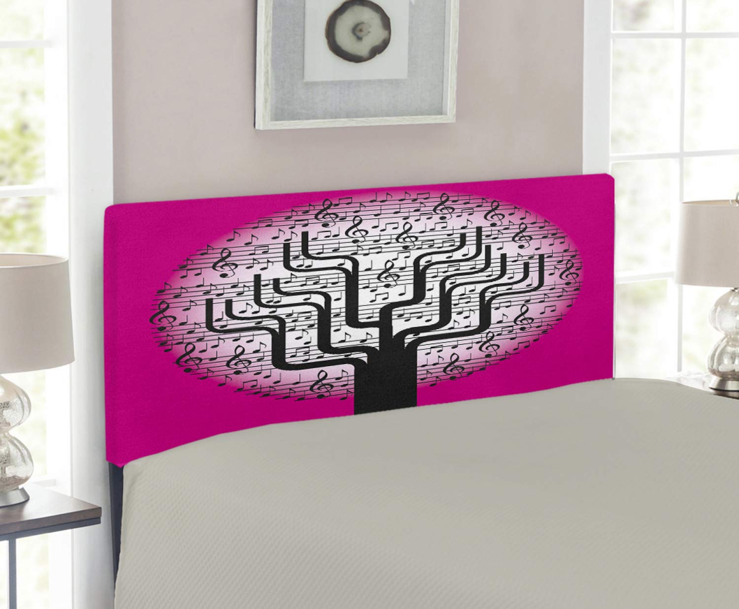 Ambesonne Music Themed Headboard - Tree Nature Harmony Rhythm Design, Upholstered Decorative Metal Bed Frame with Memory Foam, Twin Size in Hot Pink Black White - Perfect for Music Lovers' Bedroom Decor & Teen Girls' Room Upgrade