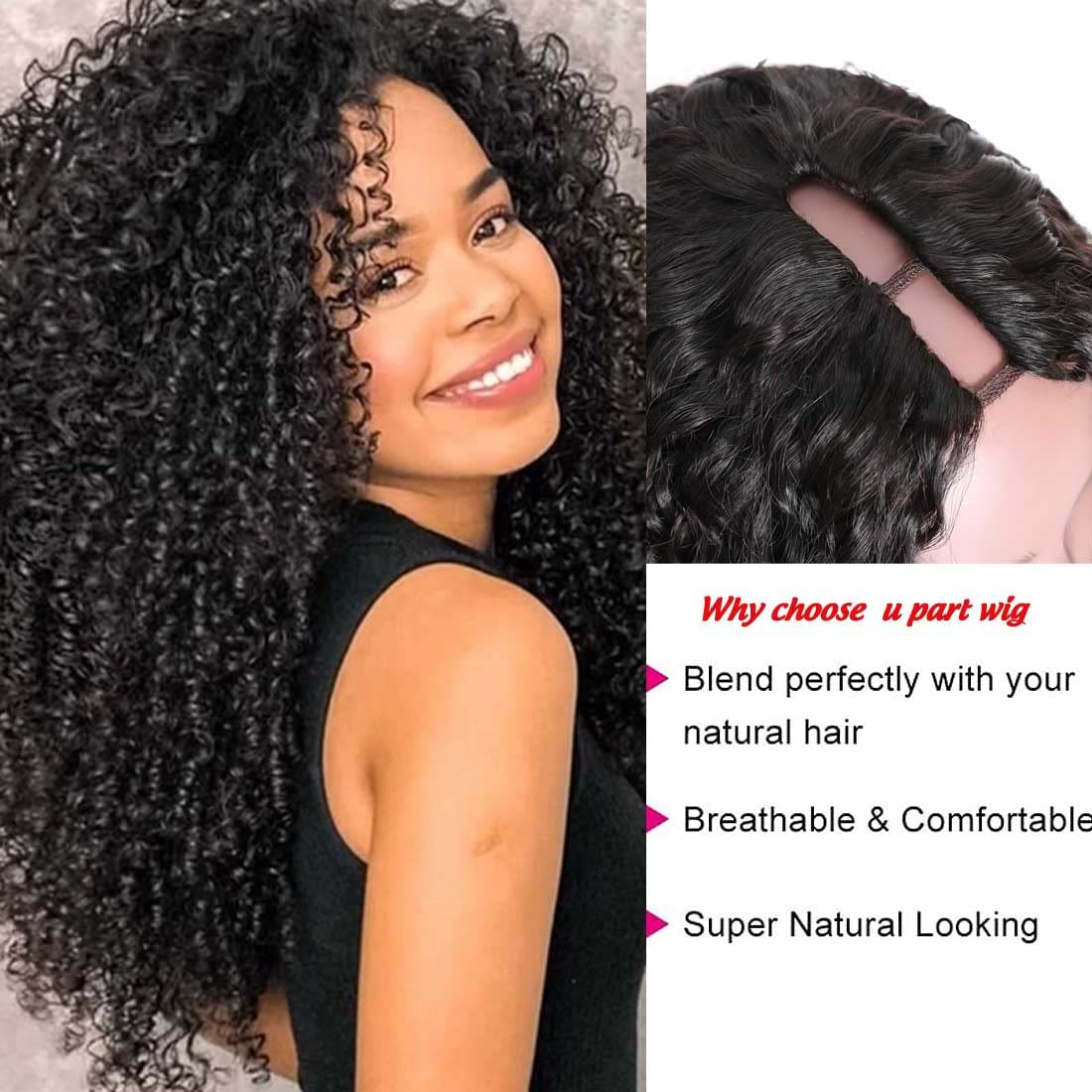 Beauty Forever U Part Human Hair Wig - 10A Grade Brazilian Virgin Hair, 150% Density, 20 Inch Curly Clip-In Wig for Black Women | Glueless, No Leave Out, Natural Color | Perfect for Daily Wear, Parties & Special Occasions