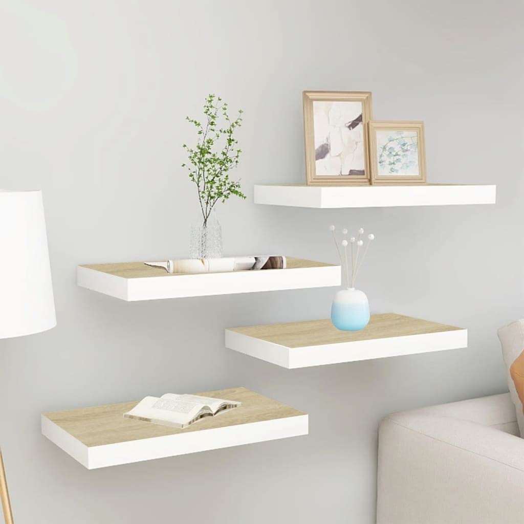 Floating Shelf Wall Mount - Set of 4 Multifunctional Display & Storage Shelves for Bedroom, Living Room, Bathroom, Kitchen & Office - 15.7x9.1x1.5 Inch MDF Shelves in Oak & White - Perfect for Organizing Books, Decor, Plants & Essentials