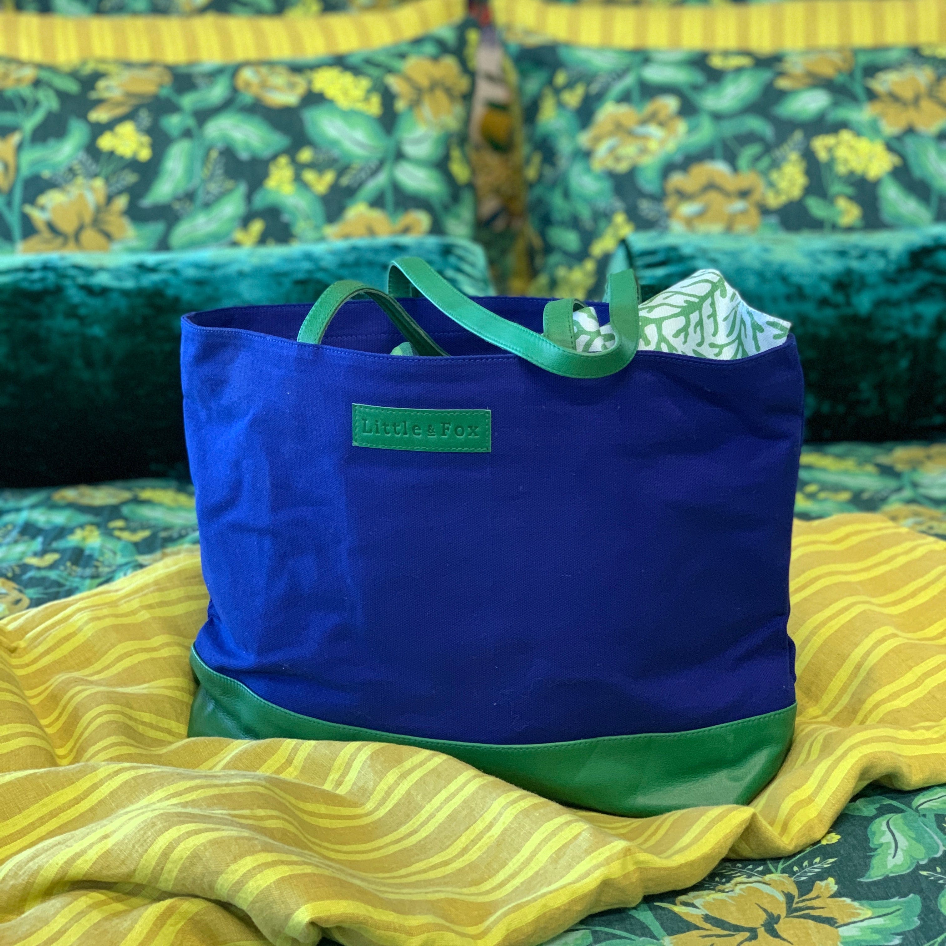 The Little & Fox Tote Bag - Royal Blue with Genuine Emerald Leather - Perfect for Work, Travel & Everyday Use