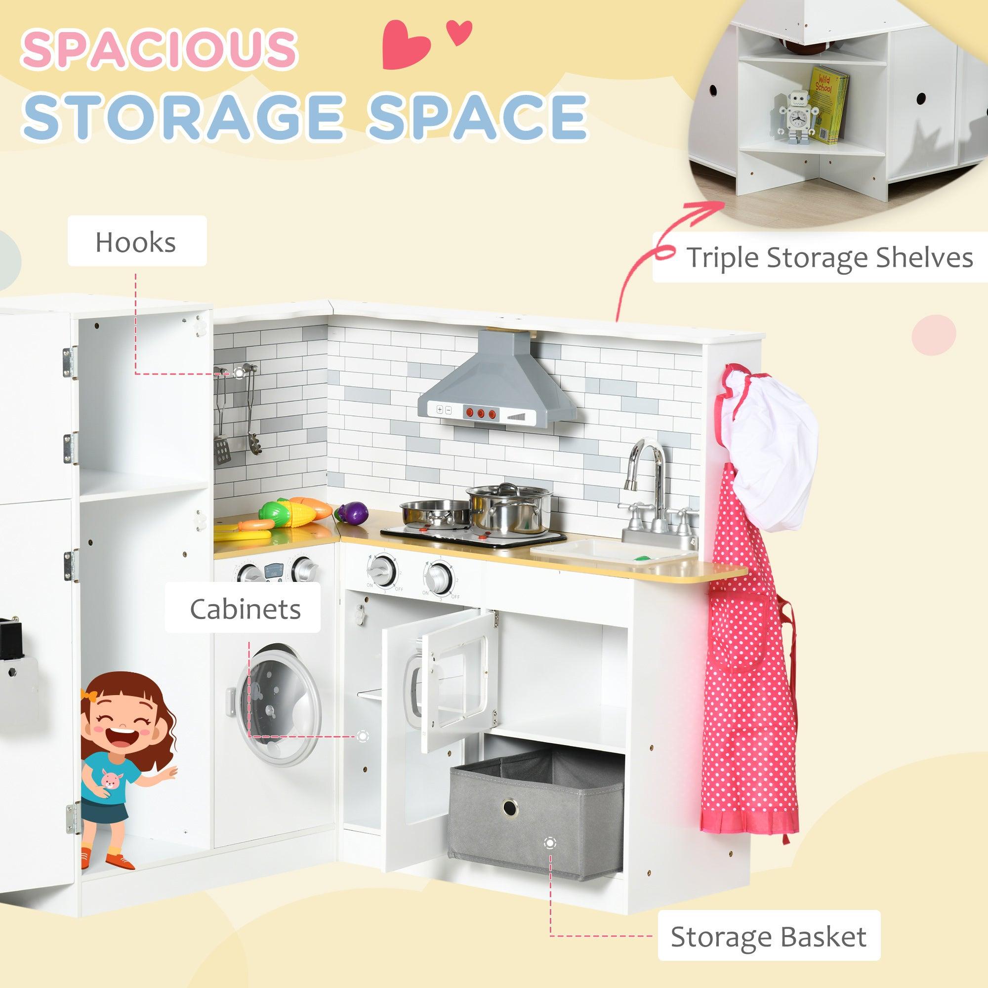 **Large Wooden Play Kitchen Set for Kids Ages 3-6 – Interactive Corner Kitchen with Sound Effects, Spacious Countertop, Washing Machine, Food Toys & Ice Maker – Perfect for Pretend Play, Birthday Gifts & Daycare Fun (White)**