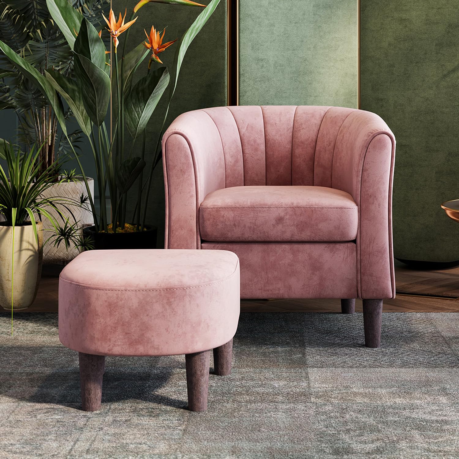 LINSY Modern Velvet Accent Chair with Ottoman - Pink Barrel Armchair for Living Room, Bedroom & Reading Nook - Comfortable Lounge Chair with Footrest for Relaxing & Reading