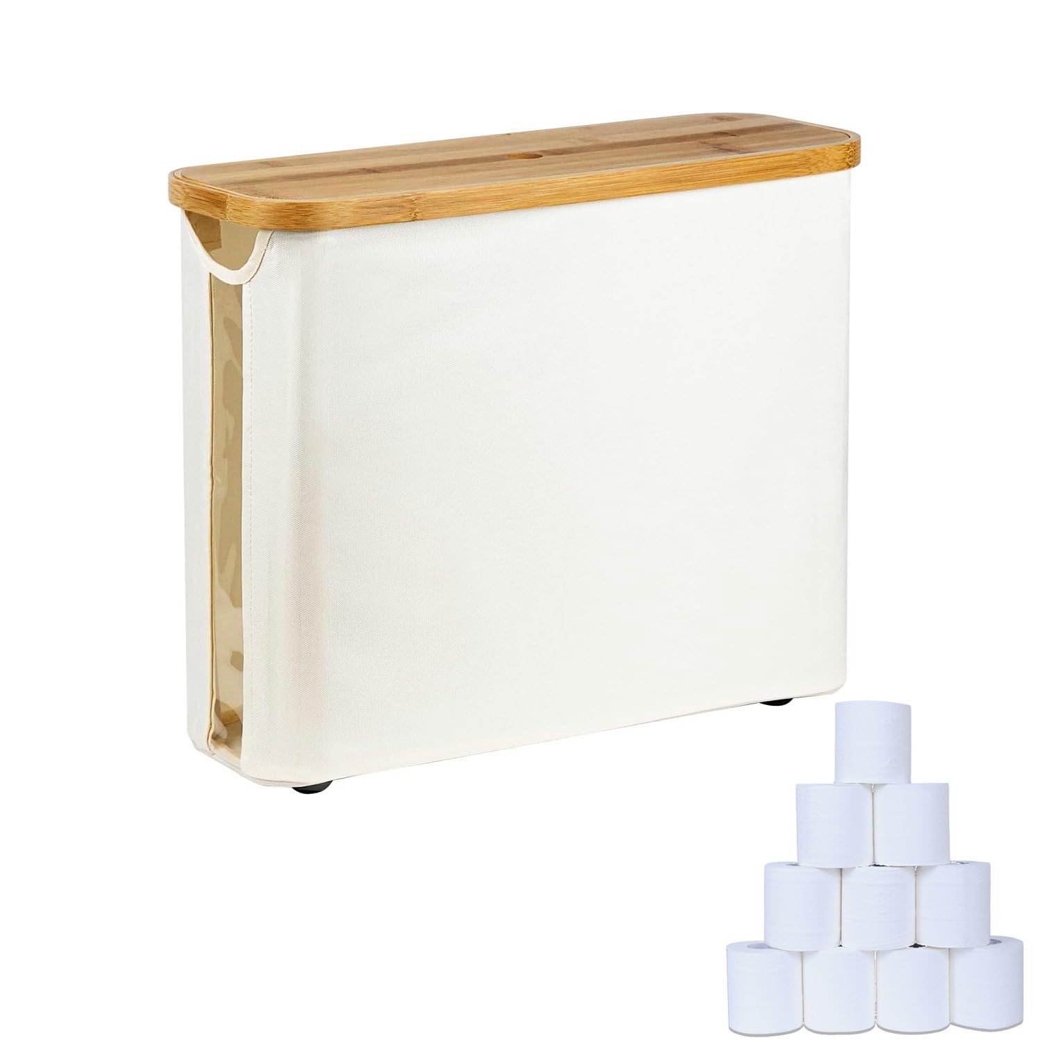 Bamboo Toilet Paper Storage Basket with Lid - Bathroom Tissue Organizer, Free Standing Toilet Paper Holder with Window - Beige | Perfect for Small Bathrooms, Powder Rooms & Vanity Storage