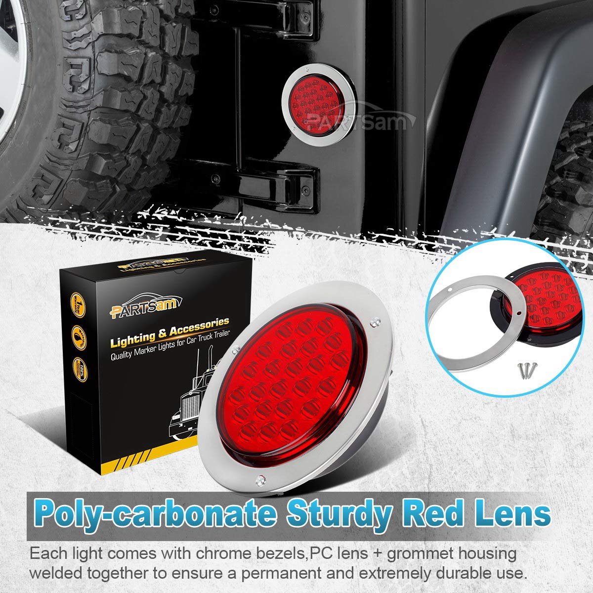 Partsam 10Pcs Red 4 Inch Round LED Trailer Tail Lights - 12LED Flange Mount, Stainless Steel Chrome Bezel, Waterproof Stop/Turn/Brake Lights - Replacement for Trucks, RVs, Trailers (12V) - Perfect for Heavy Duty Vehicles, Campers & Marine Applications