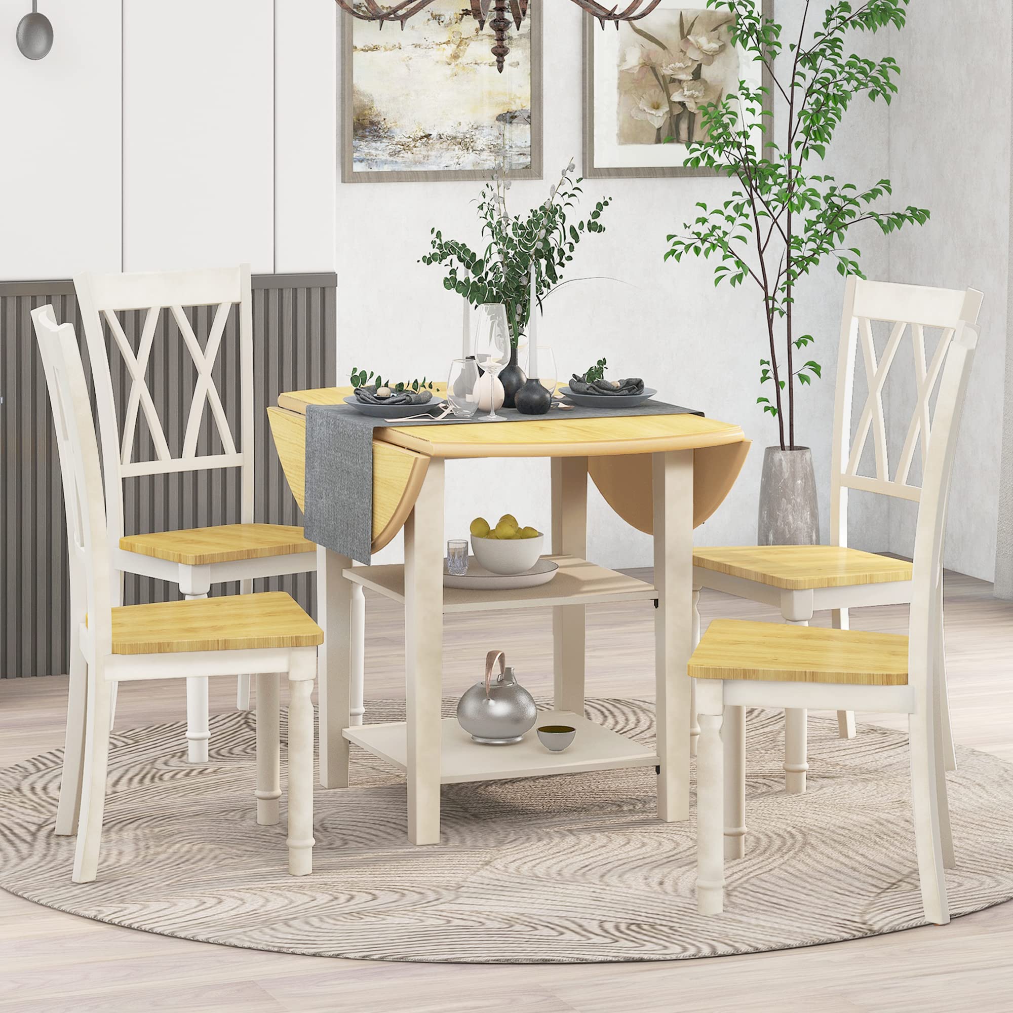 Rustic Farmhouse 5-Piece Round Dining Table Set with Drop Leaf & 2-Tier Storage - Wooden Kitchen Table & 4 Cross Back Chairs - Space-Saving Solution for Small Kitchens, Breakfast Nooks & Cozy Dining Areas (Seats 4)