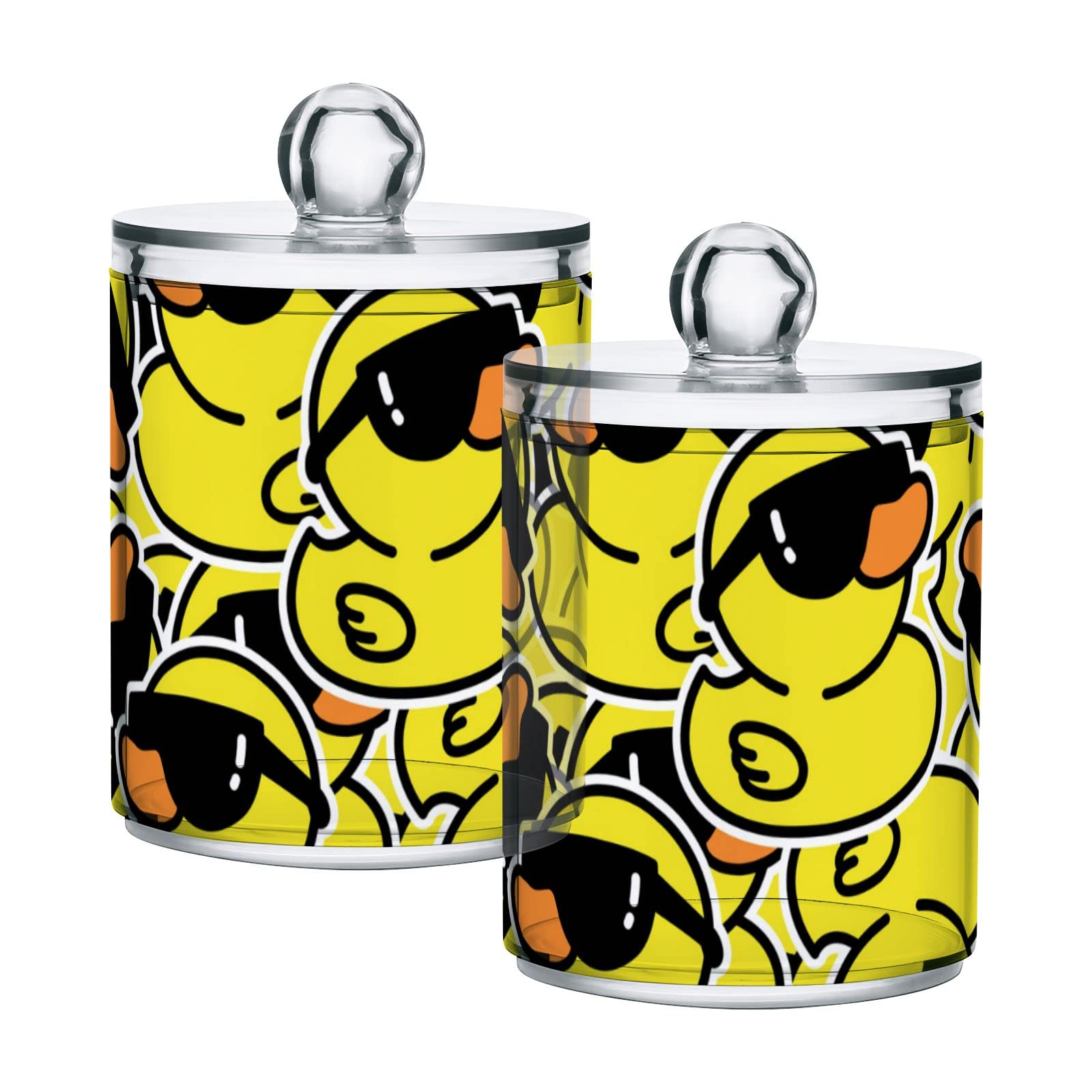 Set of 2 Yellow Rubber Ducks with Black Sunglasses & Seamless Doodle Texture Plastic Storage Jars with Lids - 10oz Translucent Food Containers for Cotton Swabs, Tea, Cookies - Perfect for Kitchen Organization, Bathroom Storage & Party Decor