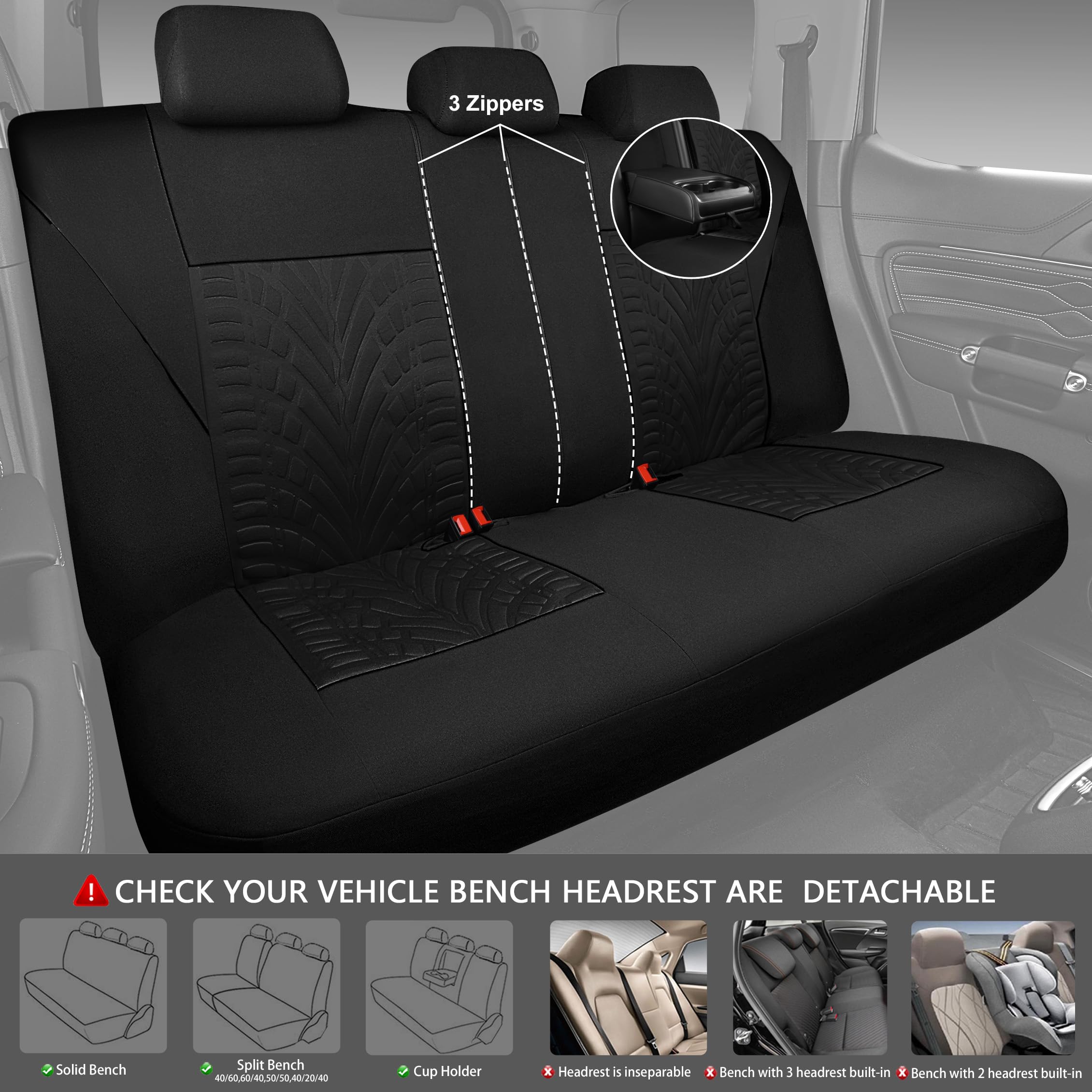 Premium CAR PASS Universal Car Seat Covers Full Set - Front & Split Rear Bench 3D Tyre Embossed Design | Airbag Compatible Quick Installation for Sedan, SUV, Truck (All Black) | Perfect for Road Trips, Daily Commute & Pet Protection