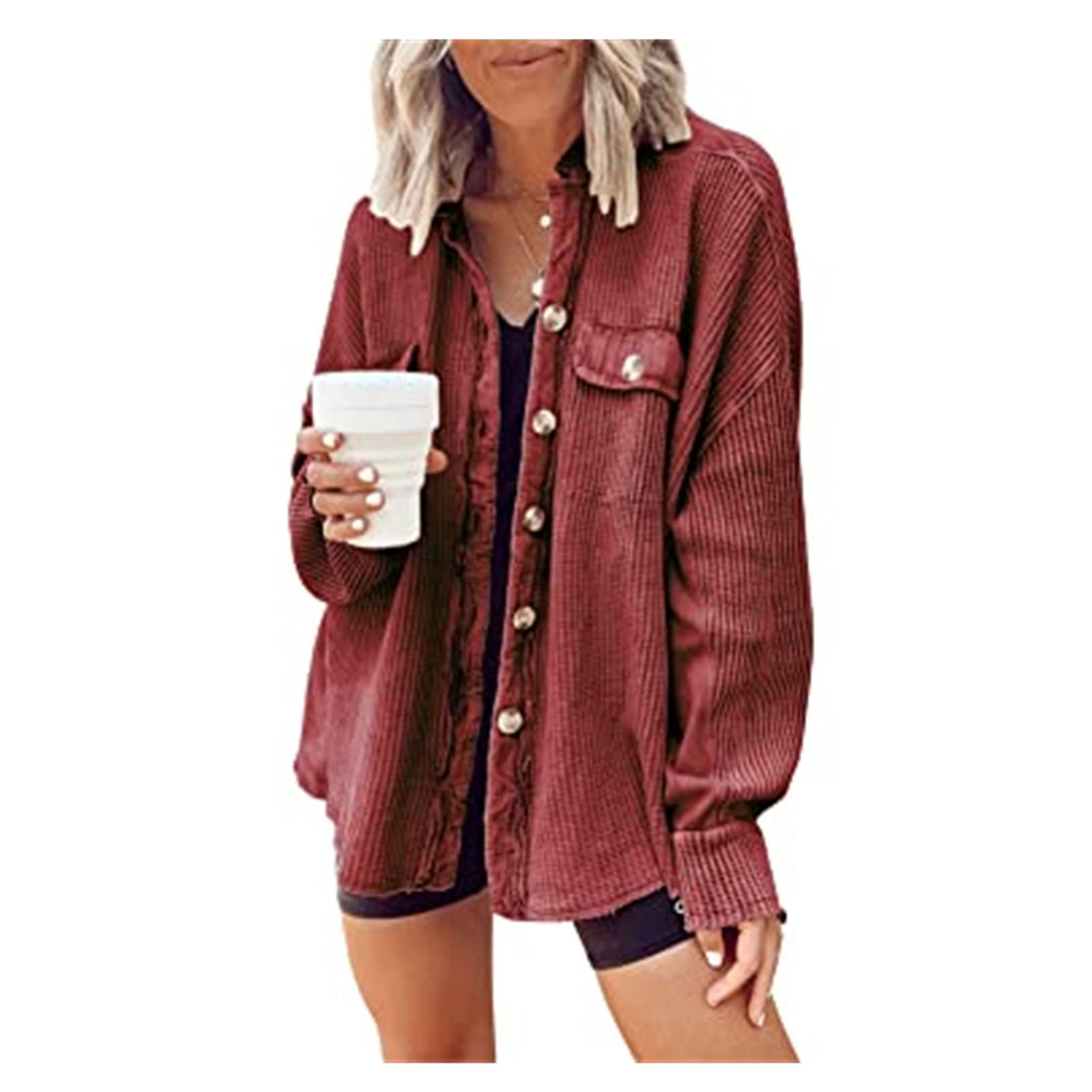 Lausiuoe Women's Casual Fall Waffle Knit Button-Down Shirt - Long Sleeve Boyfriend Shacket Jacket & Warm Blouse Top for Autumn Layering | Perfect for Work, Dates & Outdoor Activities