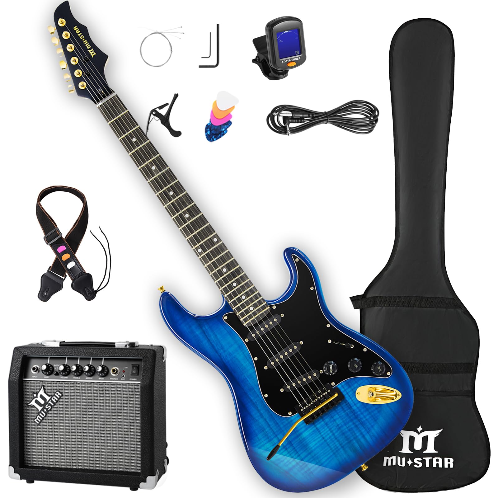 MUSTAR 39 Inch Full Size Solid Wood Electric Guitar Kit with 25W Amplifier - Beginner Electric Guitar Set Includes Gig Bag, Tuner, Capo, Strap, Cable & Picks - Perfect for Beginners, Practice, Performances & Birthday/Holiday Gifts (Blue)