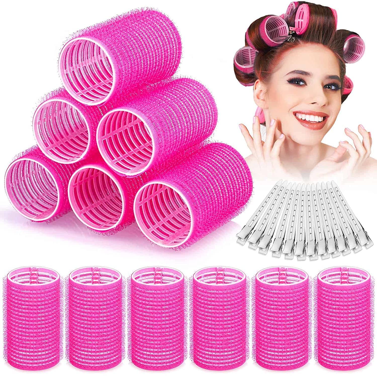 APOEM 6-Piece Jumbo Self-Grip Hair Rollers Set with Stainless Steel Clips for Long & Medium Hair - Perfect for Salon-Quality Curls at Home, Parties & Special Occasions