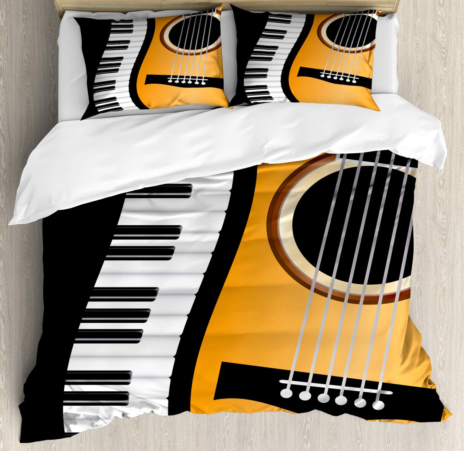 Ambesonne Music Themed Duvet Cover Set - Piano Keyboard & Acoustic Guitar Design, 3-Piece King Size Bedding with Pillow Shams in Charcoal Grey & Orange | Perfect for Musicians' Bedrooms, Music Studio Decor, or Gift for Music Lovers