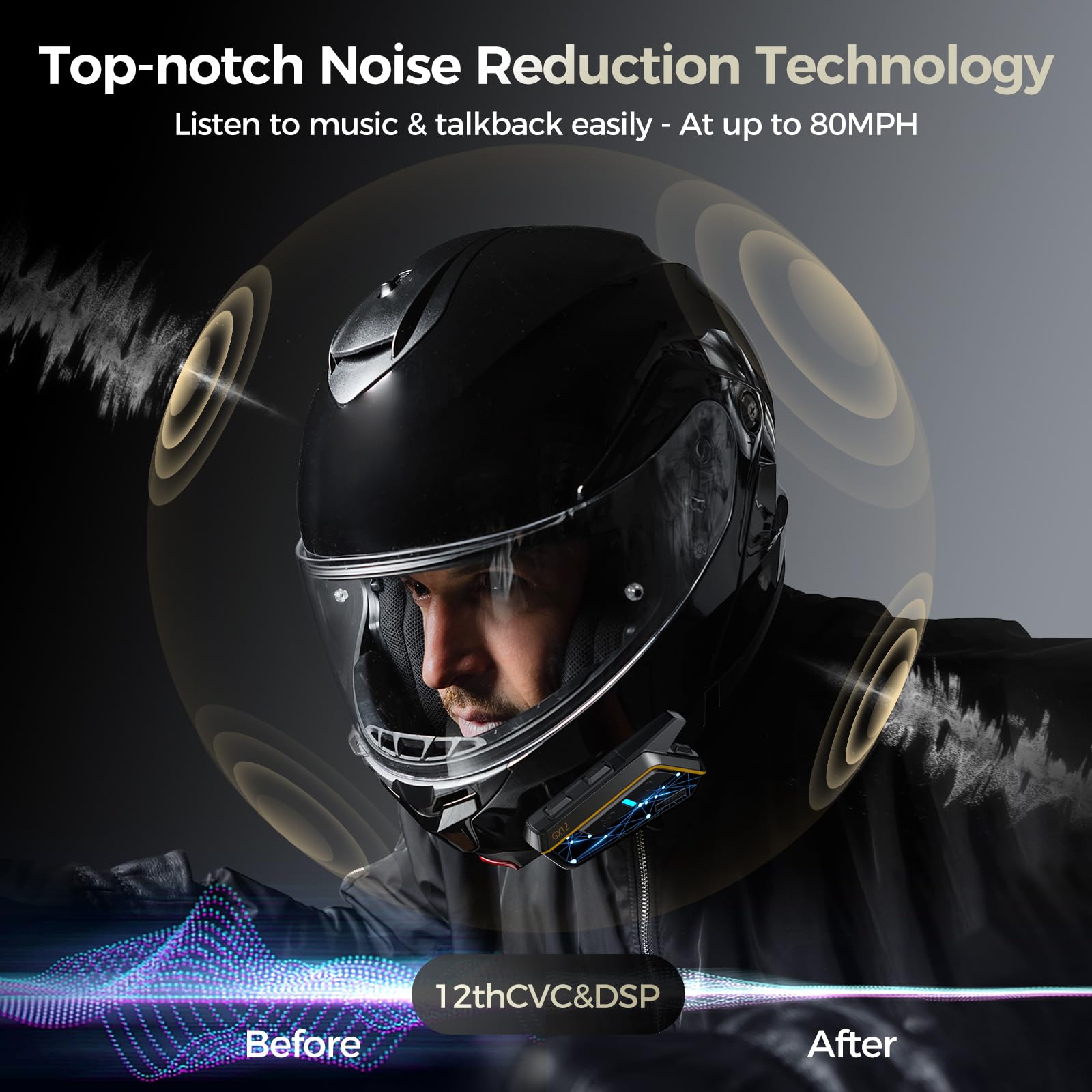 Gearelec Motorcycle Bluetooth Headset - 10 Rider Mesh Intercom System (2000M Range) with HiFi Sound, RGB Lights & Music Sharing | 1000mAh Battery | Perfect for Group Rides, Commuting & Adventure Touring