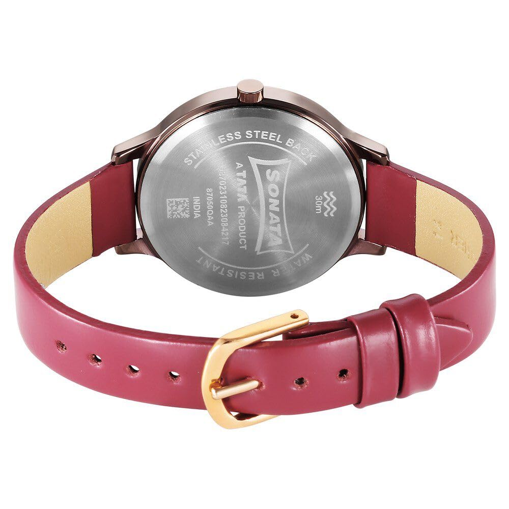 Sonata Blush Quartz Analog Watch for Women - Brown Leather Strap & Elegant Dial - Perfect for Office, Party & Everyday Wear - Model 87050QL01