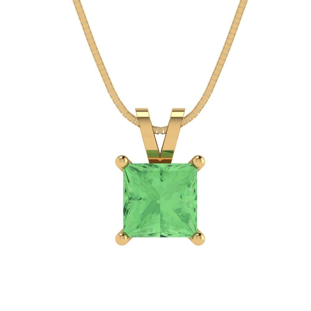 1.0 ct Princess Cut Turquoise Green Nano Solitaire Pendant Necklace - 14K Yellow Gold with 16