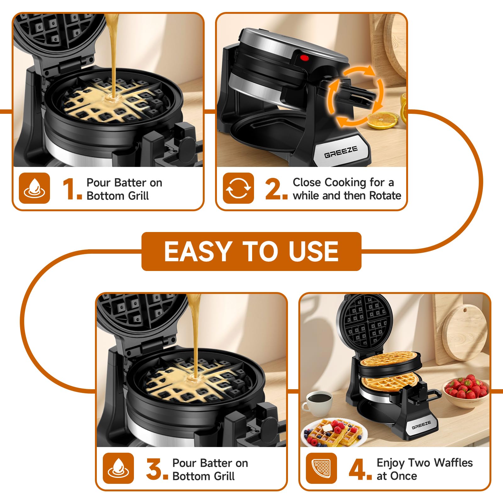 Double Belgian Waffle Maker 180° Flip - 1400W Stainless Steel Waffle Iron with Nonstick Plates & Removable Drip Tray - Makes 8 Slices - Perfect for Breakfast, Brunch, and Family Gatherings