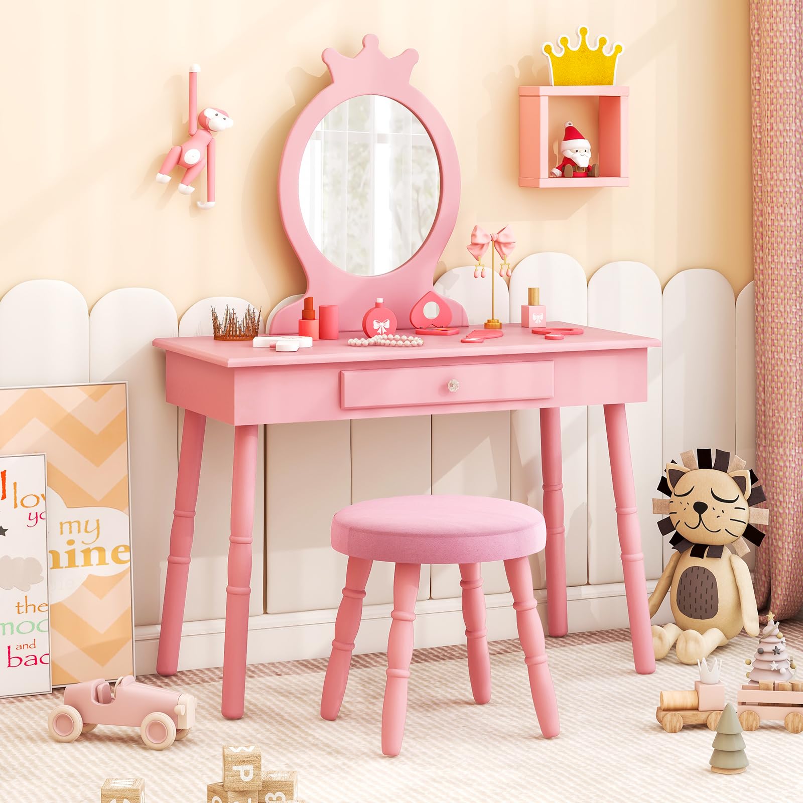 KOTEK Princess Vanity Set with Mirror & Stool - Crown Themed Kids Makeup Dressing Table with Drawers, Solid Wood Legs, Pretend Play Furniture for Little Girls (Pink) | Perfect for Birthday Gifts, Bedroom Decor & Role Play Activities