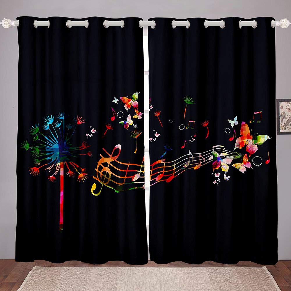 Colorful Rose Lily Butterfly Fireworks Window Curtains with Grommets - 2 Panels 104Wx90L for Bedroom, Living Room & Kitchen | Music Theme Home Decor for Parties & Romantic Ambiance