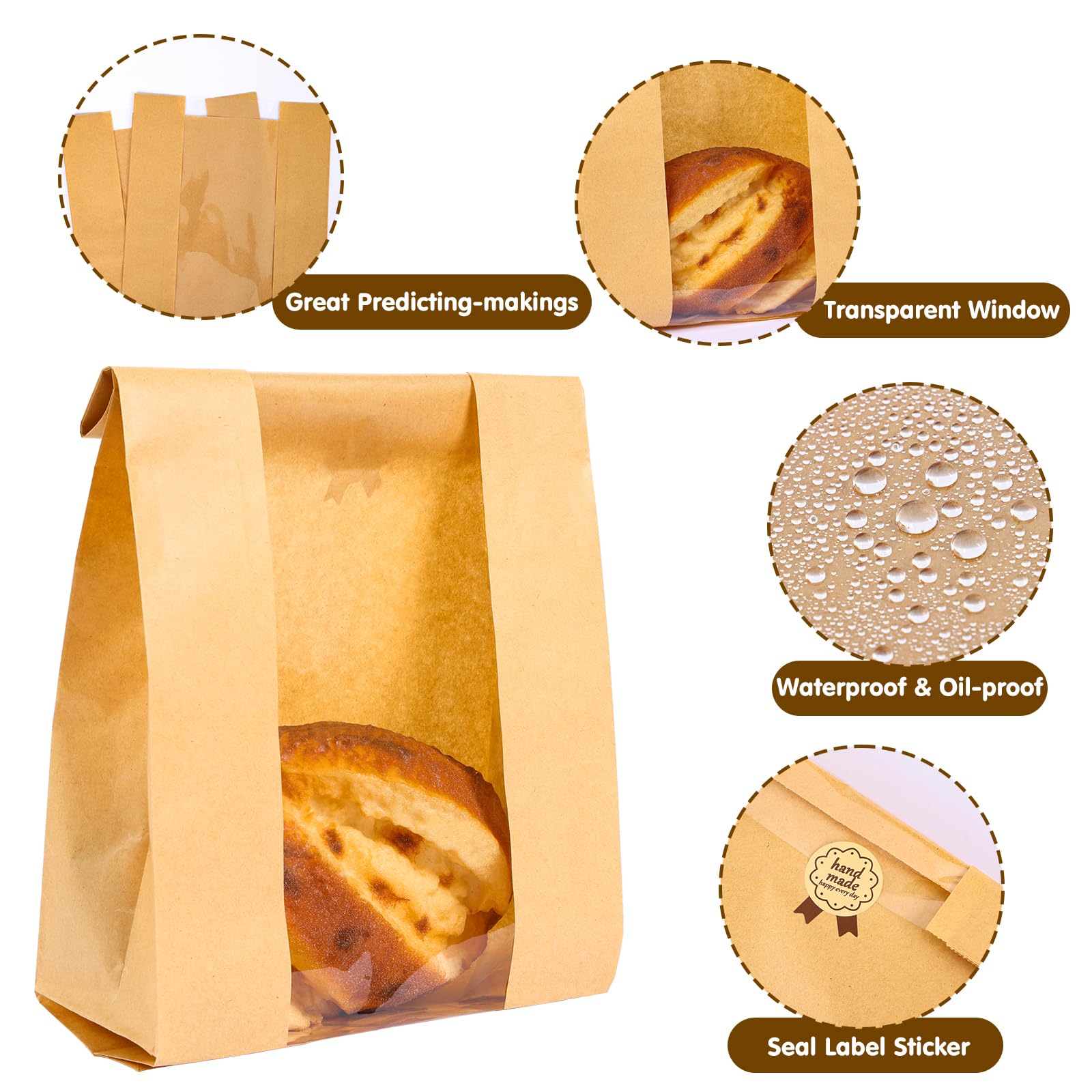 Moretoes Sourdough Bread Bags with Window - 50 Pack 13.7x8.3x3.5 Inch Reusable Paper Bread Bags for Homemade Bread, Baked Goods Storage - Includes Label Seal Stickers - Perfect for Bakeries, Farmers Markets & Home Baking