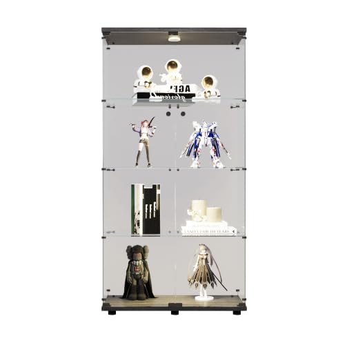 KEIKI 4-Tier Glass Display Cabinet with LED Lights - Lockable Curio Cabinet for Trophy Collections, Home Decor & Retail Displays - Black Standing Glass Shelf with Doors & Handle