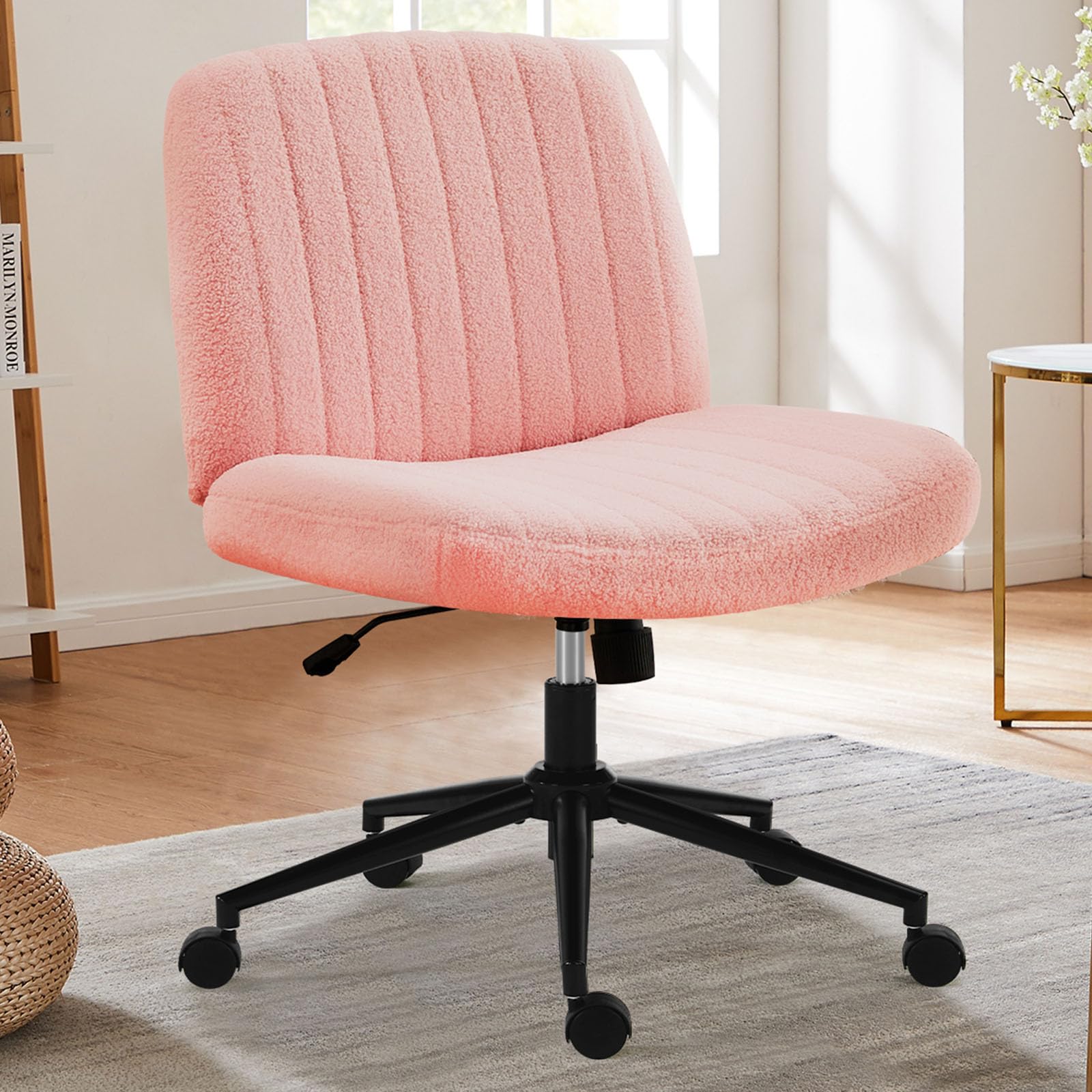 Sweetcrispy Criss Cross Chair Legged Armless Office Desk Chair with Wheels - Swivel, Height Adjustable, Wide Seat Computer Task Chair for Home & Office - Teddy Pink - Perfect for Workstations, Gaming & Study Spaces