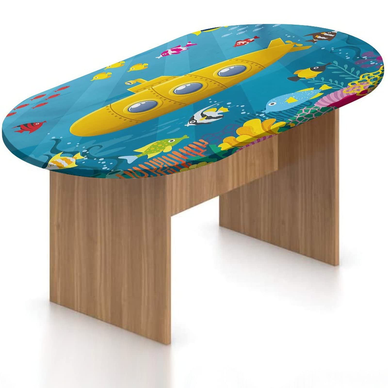 Waterproof Oval Fitted Table Cover 36x60 Inches - Elastic Polyester Tablecloth with Tropical Fish & Coral Reef Print, UV Resistant Outdoor Patio Furniture Protector for Picnics, BBQs & Pool Parties