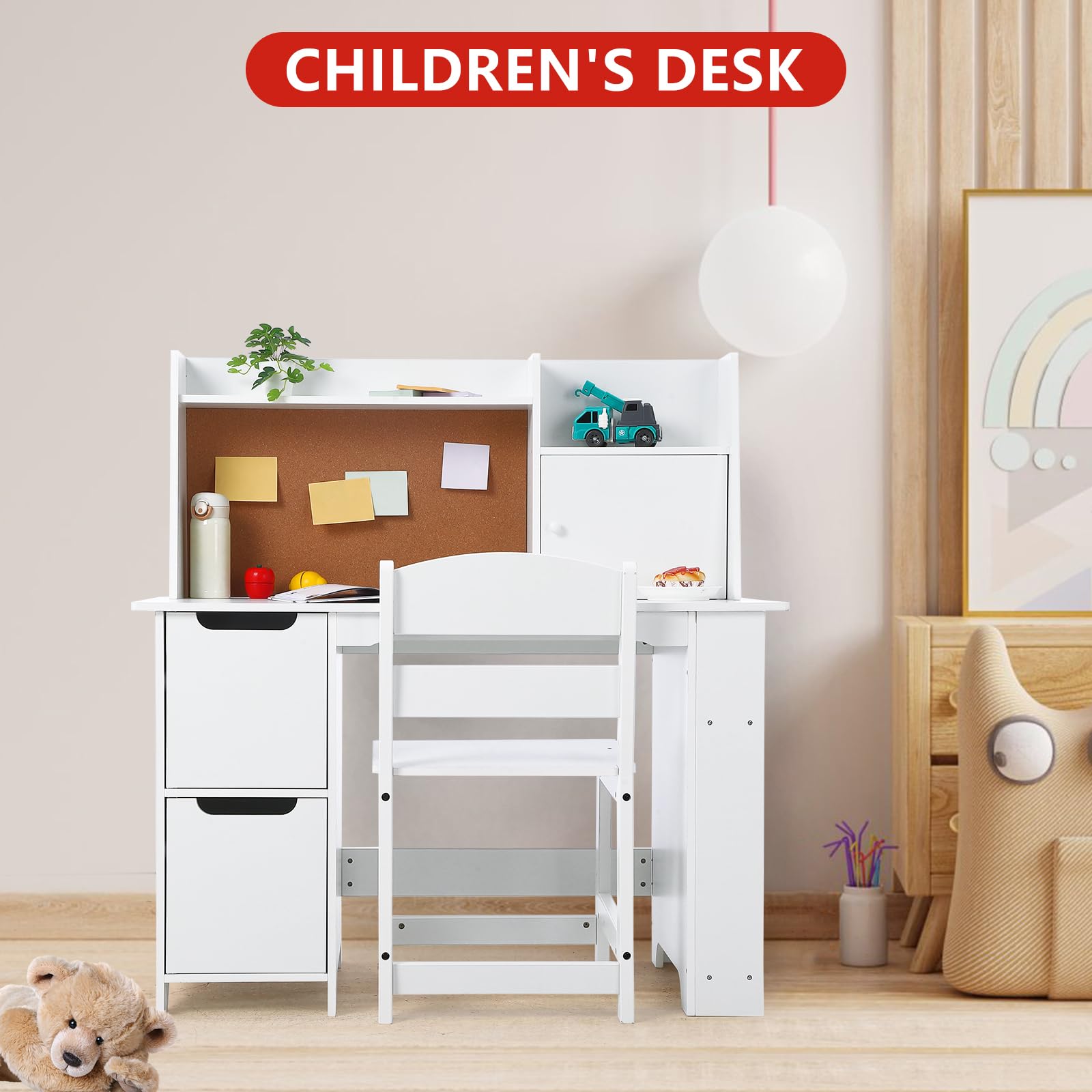 Kids Study Desk and Chair Set with Storage - White Learning Table with Bookshelf & Cabinets for Boys & Girls Ages 3-8 | Perfect for Homeschooling, Online Classes & Homework Organization in Bedroom or Playroom