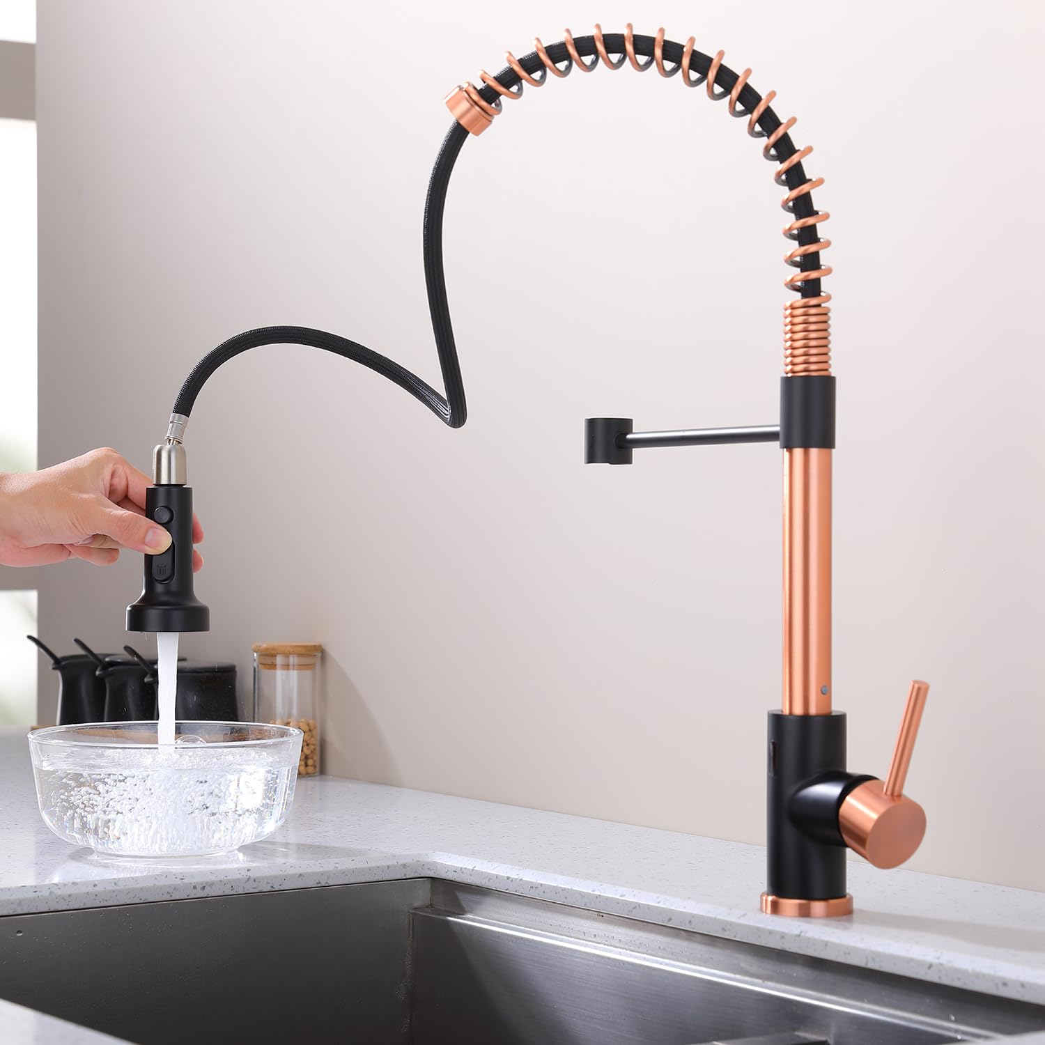 **Avola Copper Pull-Out Kitchen Faucet with Motion Sensor - Touchless Hands-Free Kitchen Sink Faucet in Rose Gold & Matte Black - Ideal for Modern Kitchens, Restaurants, and Commercial Use**