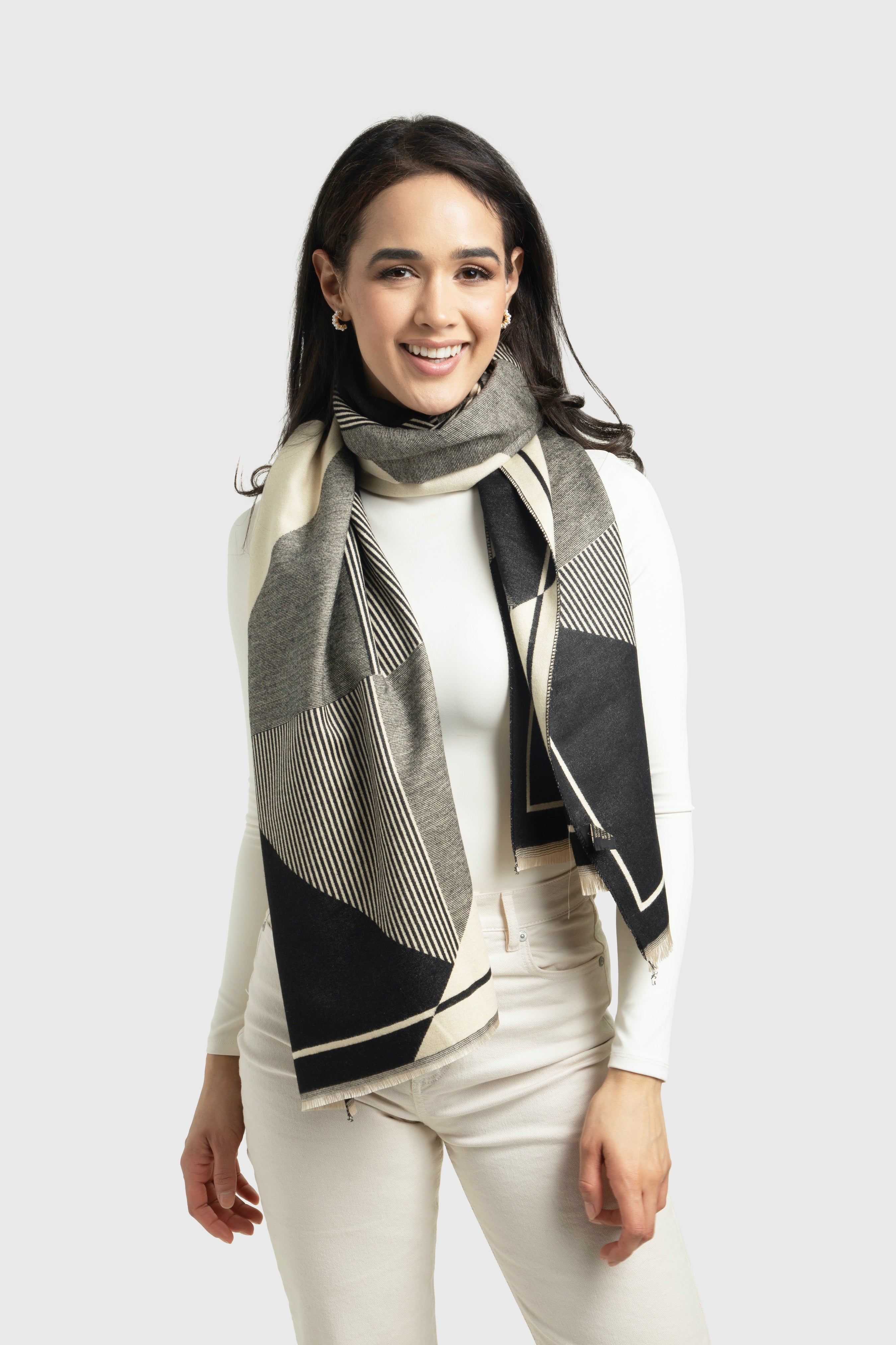 Stylish Geometric Striped Reversible Scarf for Women - Lightweight Winter Fashion Accessory for Office, Travel & Casual Outfits