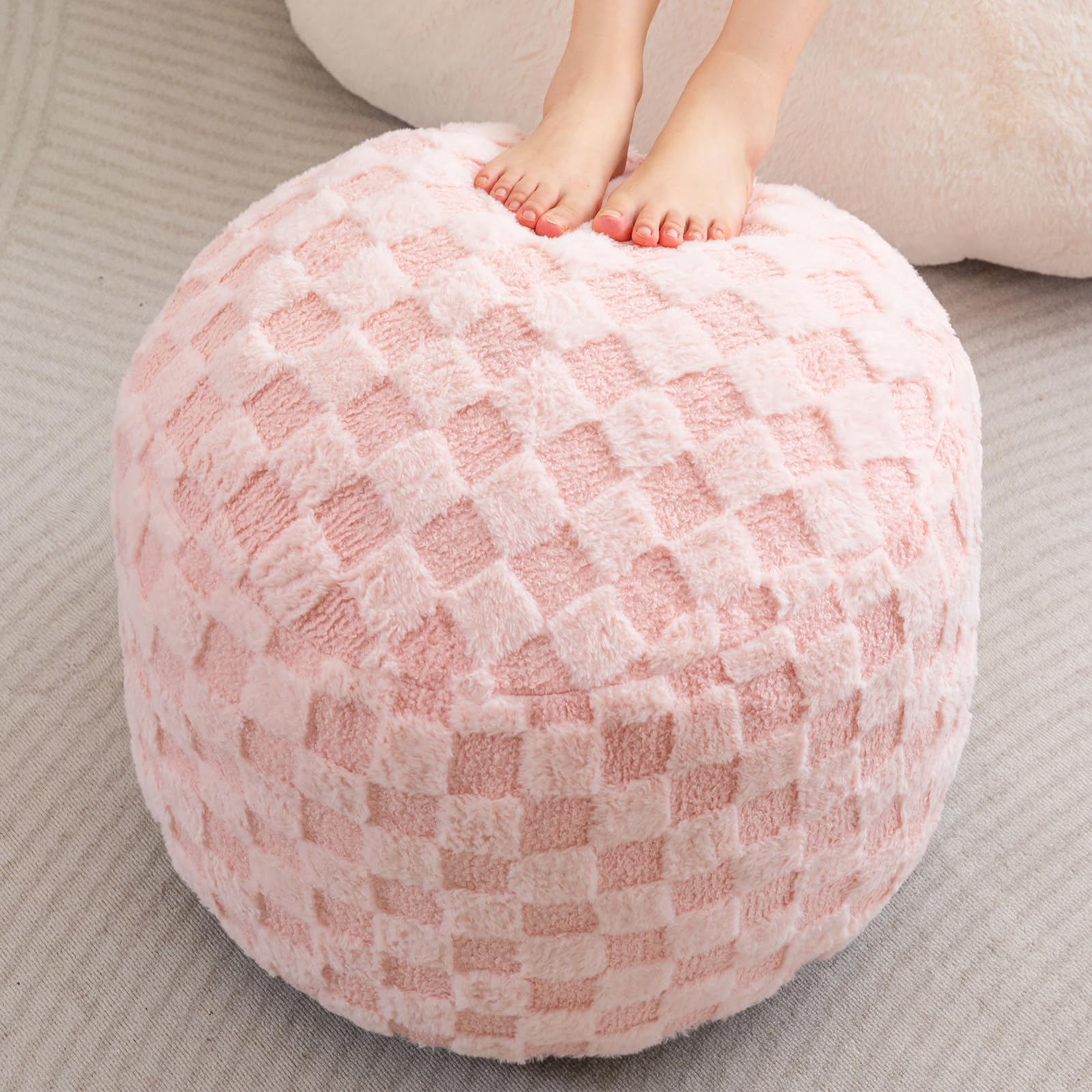 MAXYOYO Round Stuffed Pouf Ottoman with Foam Chunk Filling - 20 x 15 Inch Plaid Footrest Pouf in Pink | Perfect for Living Room, Bedroom, or Nursery Decor