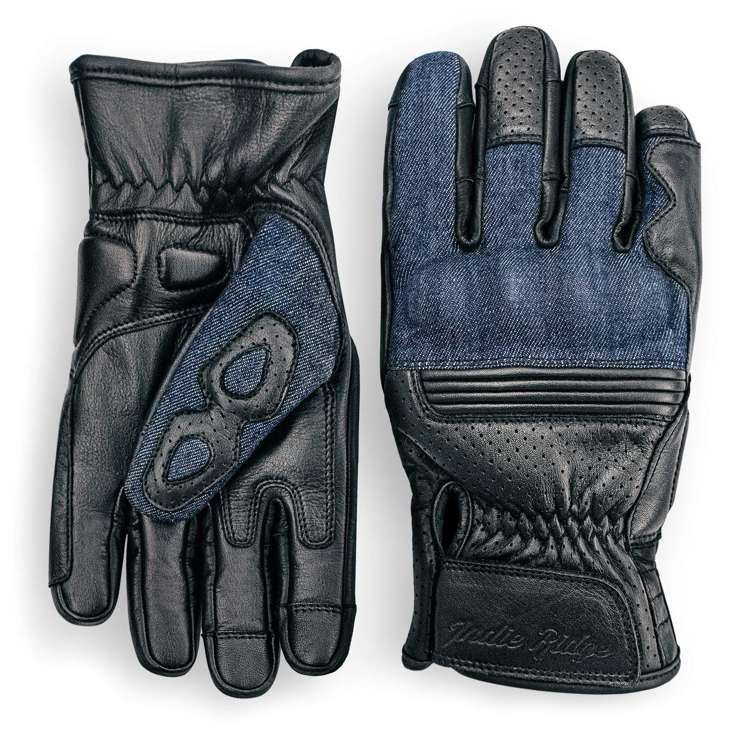Indie Ridge Denim & Leather Motorcycle Gloves - Black, Small with Touchscreen Compatibility for Mobile Phones | Perfect for Riding, Commuting & Outdoor Adventures