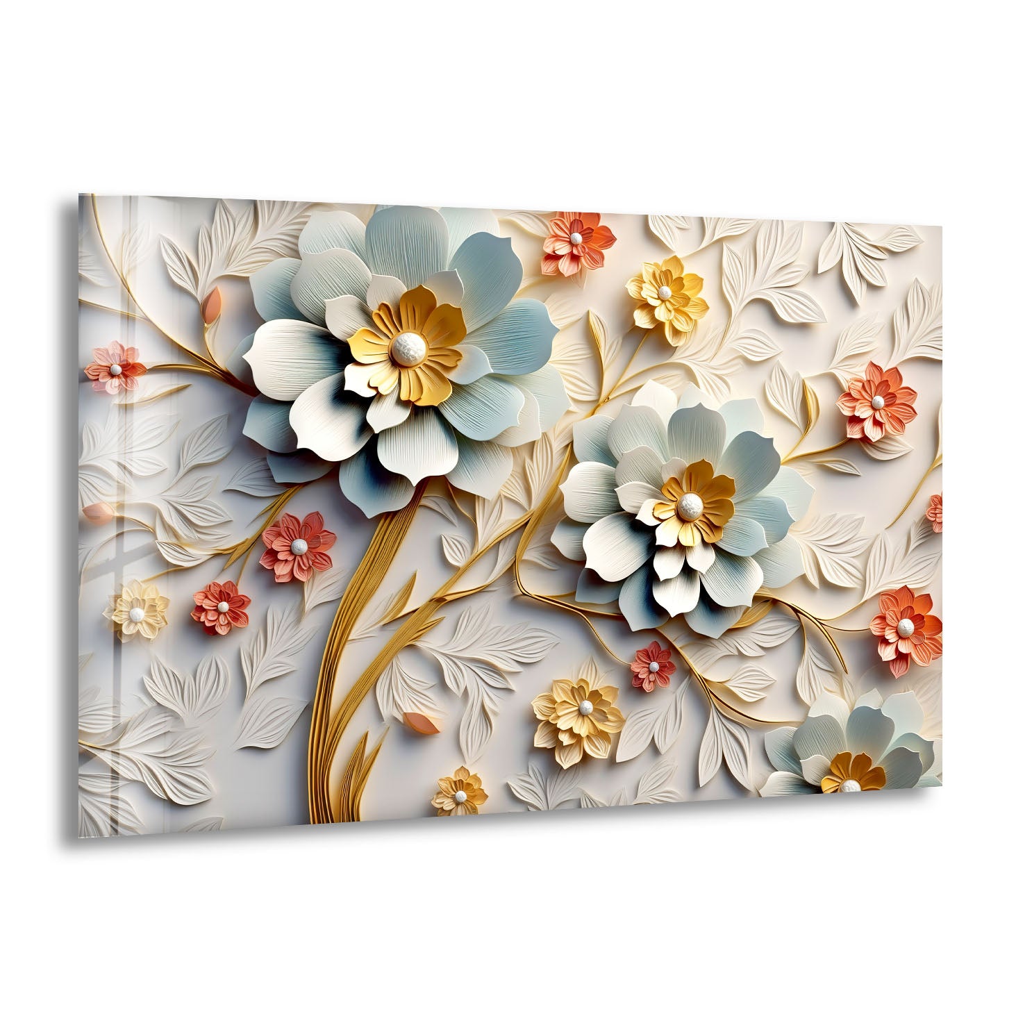 3D Blooming Flower Wall Art - Elegant Embossed Glass Floral Print for Home Decor, Living Room, Bedroom, Office | Modern Botanical Wall Decor for Interior Design